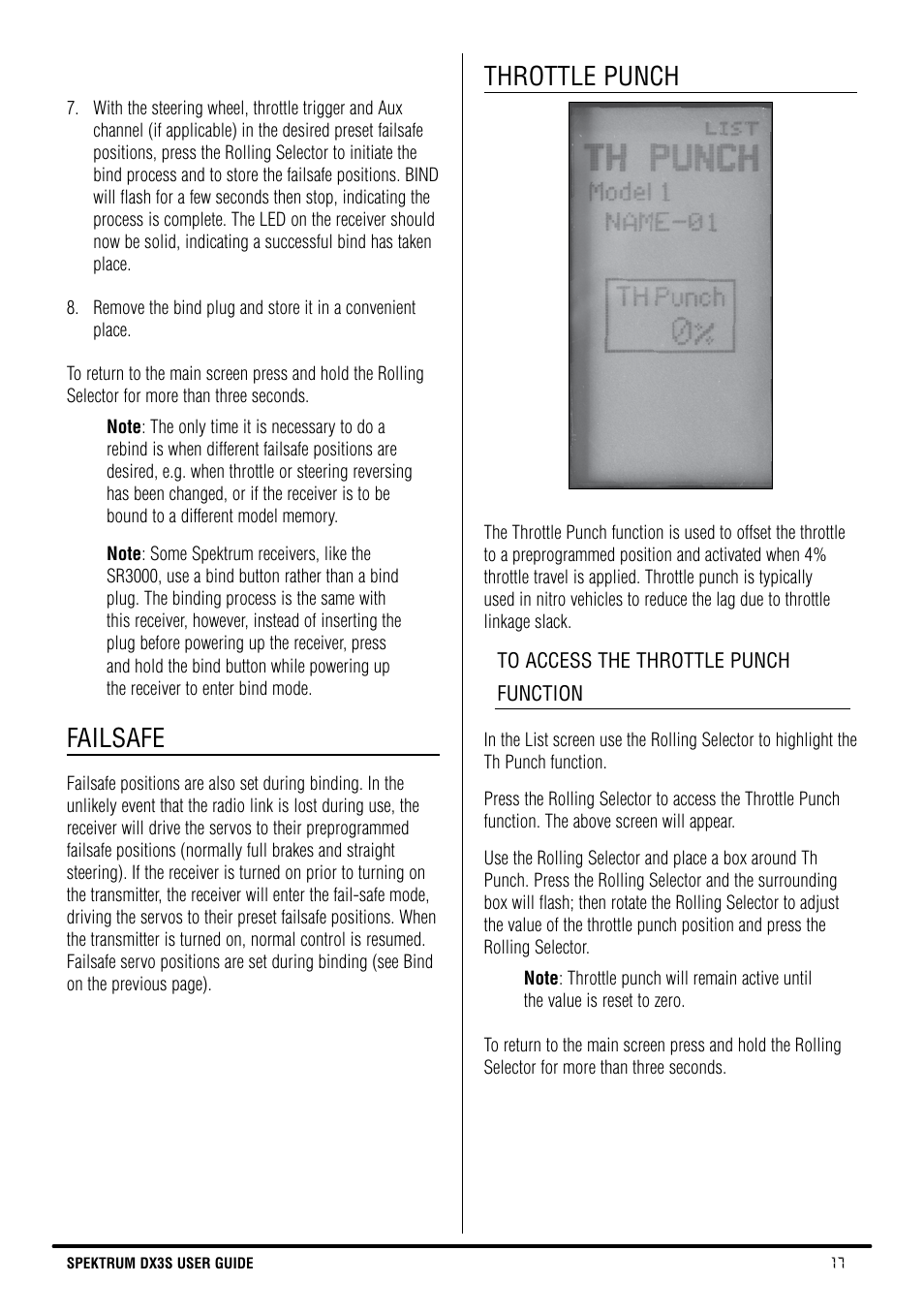 Failsafe, Throttle punch | Spektrum SPM3130 DX3S Manual User Manual | Page 17 / 30