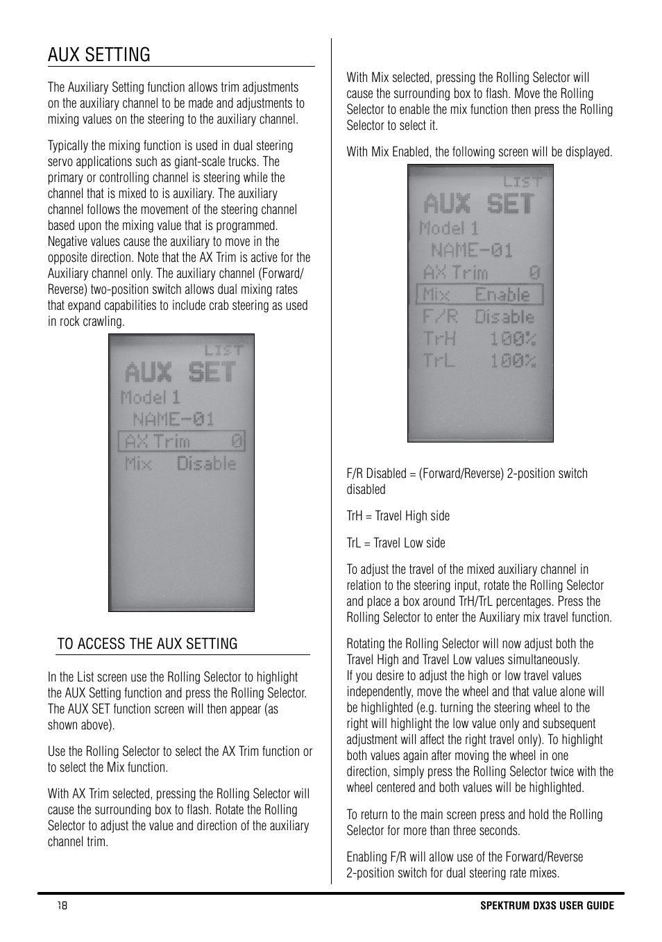Aux setting | Spektrum SPM3130 DX3S Manual User Manual | Page 18 / 30