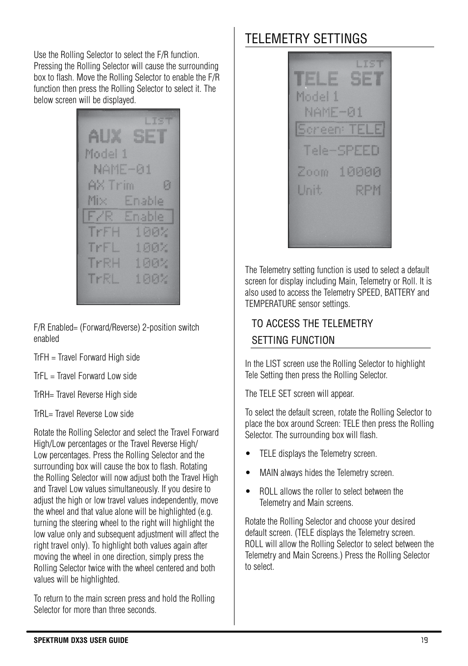 Telemetry settings | Spektrum SPM3130 DX3S Manual User Manual | Page 19 / 30