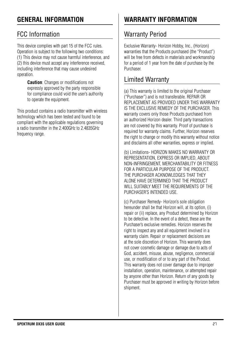 General information fcc information, Warranty information warranty period, Limited warranty | Spektrum SPM3130 DX3S Manual User Manual | Page 27 / 30