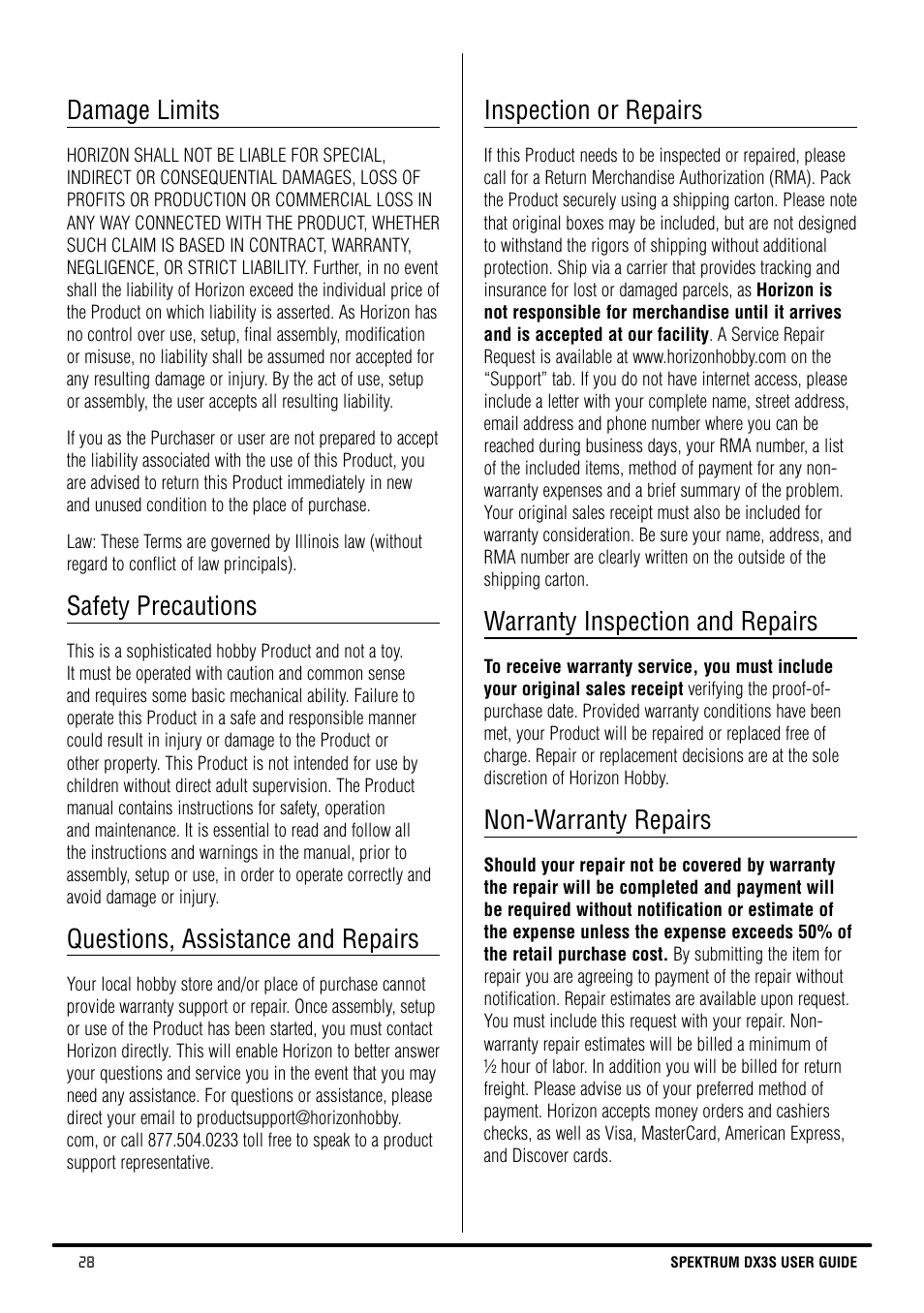 Damage limits, Safety precautions, Questions, assistance and repairs | Inspection or repairs, Warranty inspection and repairs, Non-warranty repairs | Spektrum SPM3130 DX3S Manual User Manual | Page 28 / 30