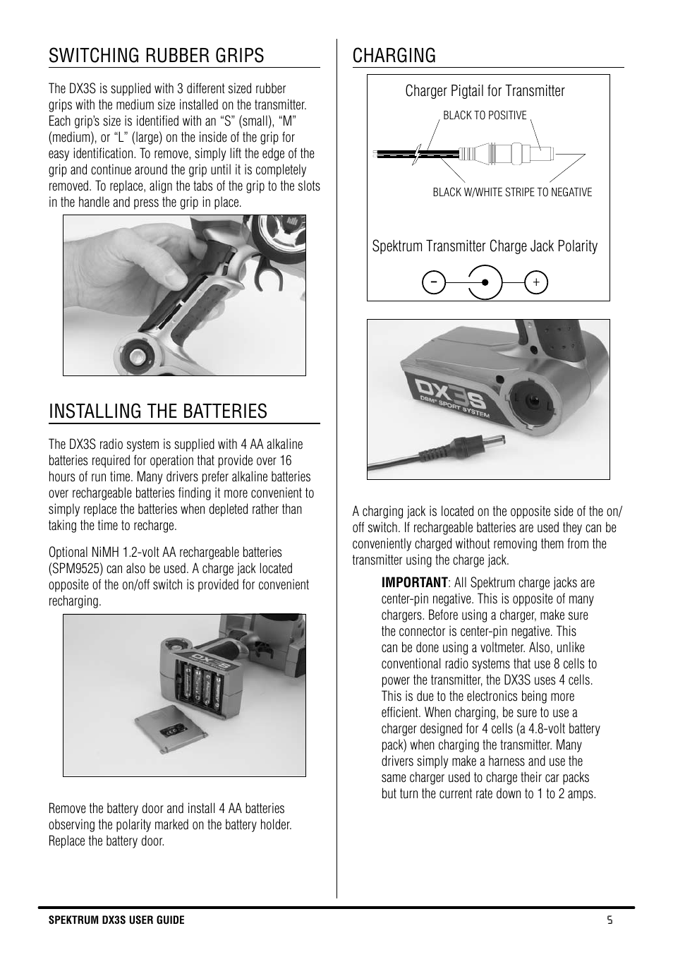 Switching rubber grips, Installing the batteries, Charging | Spektrum SPM3130 DX3S Manual User Manual | Page 5 / 30