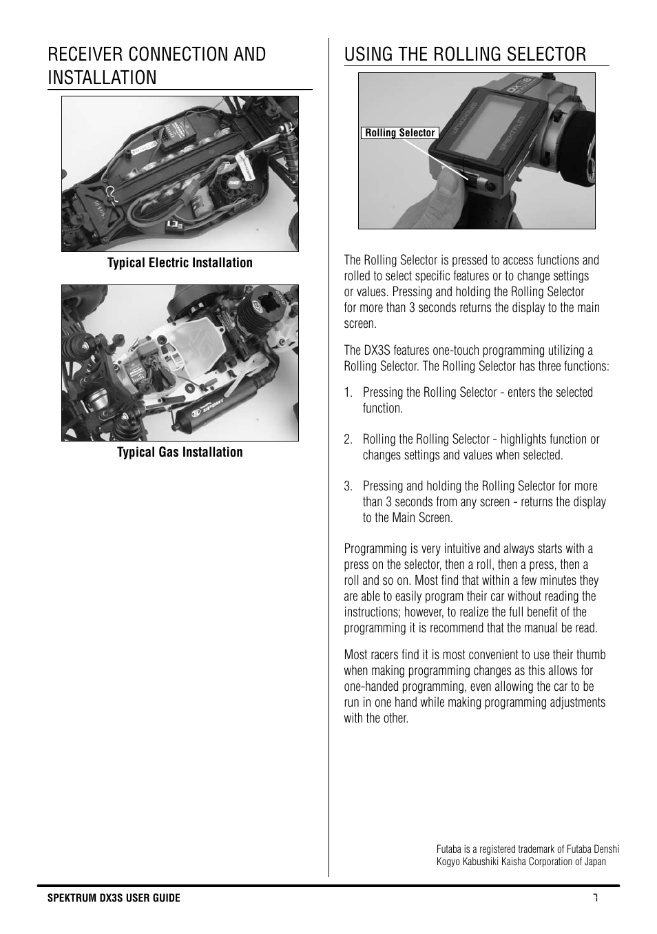 Receiver connection and installation, Using the rolling selector | Spektrum SPM3130 DX3S Manual User Manual | Page 7 / 30