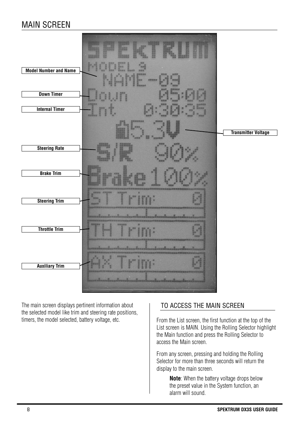 Main screen | Spektrum SPM3130 DX3S Manual User Manual | Page 8 / 30