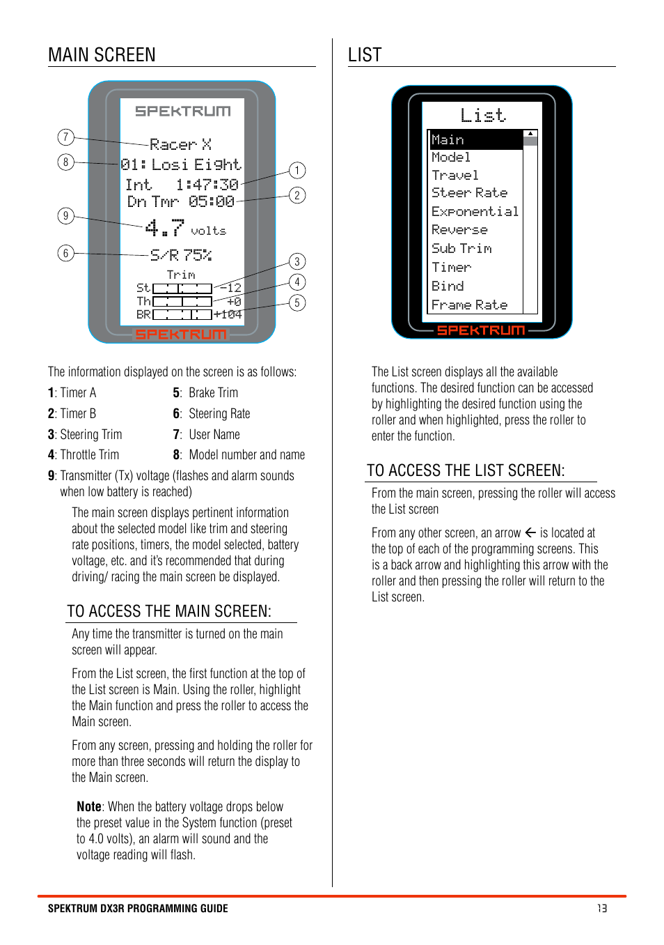 Main screen, List | Spektrum SPM3100 DX3R User Manual | Page 13 / 36