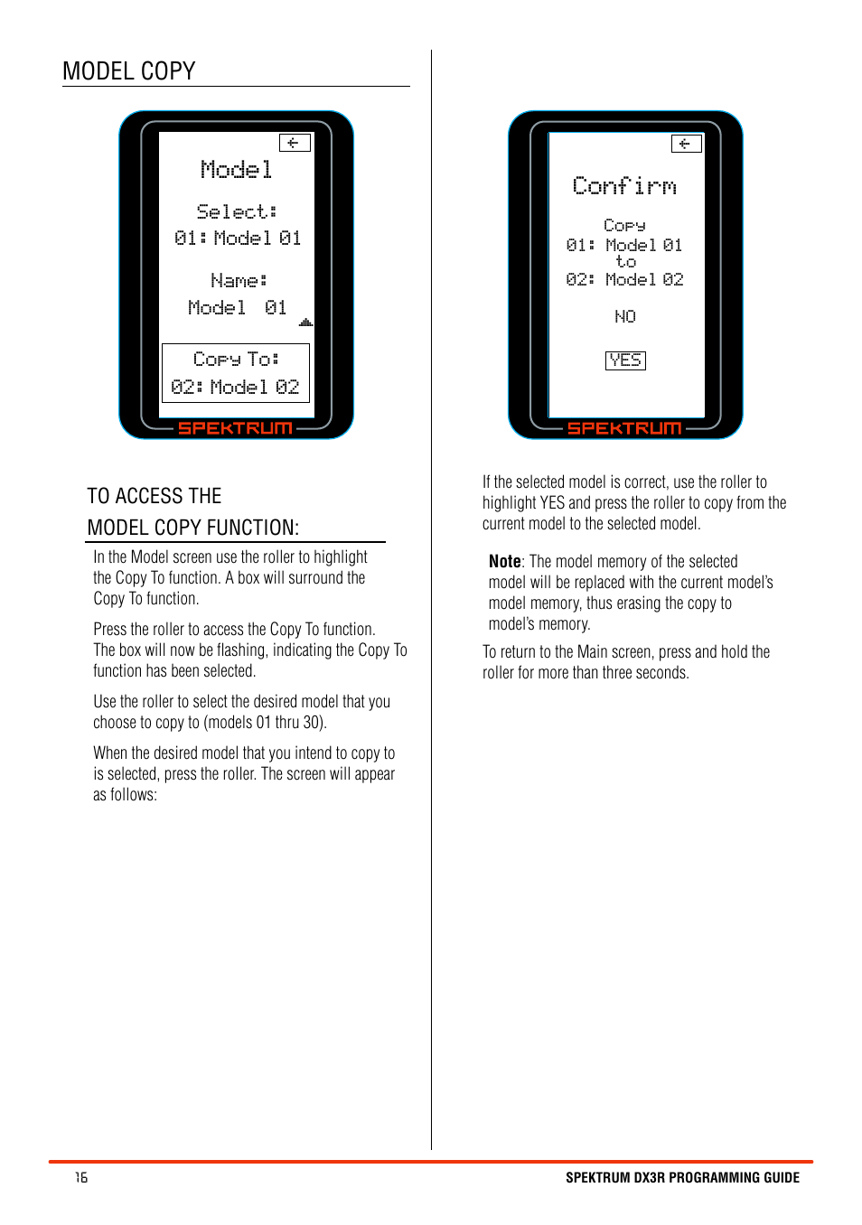 Model, Confirm, Model copy | Spektrum SPM3100 DX3R User Manual | Page 16 / 36