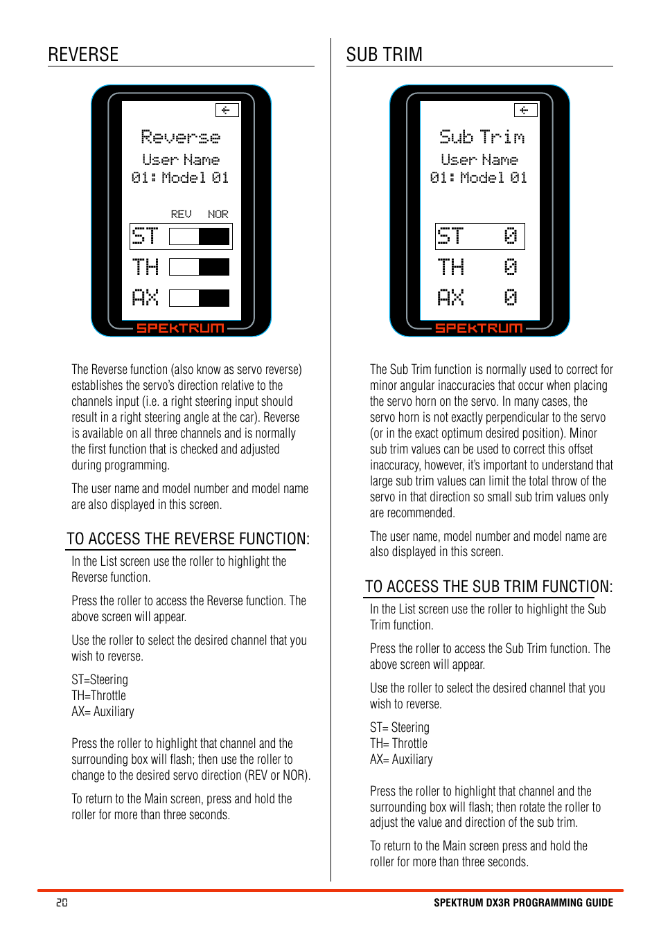 St th ax, St 0 th 0 ax 0, Reverse | Sub trim | Spektrum SPM3100 DX3R User Manual | Page 20 / 36