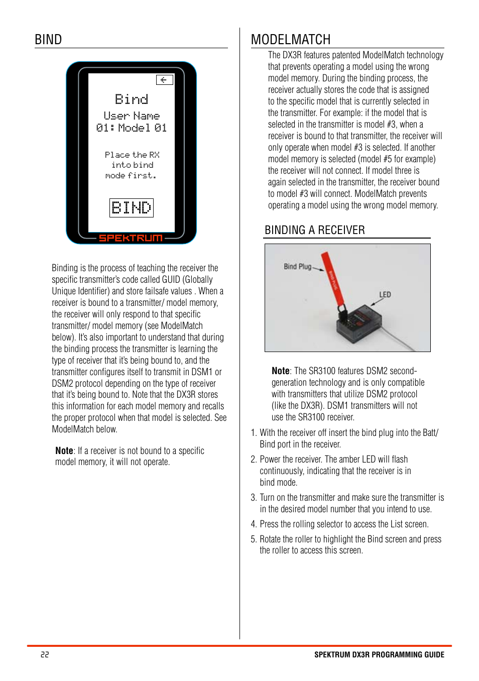 Bind, Modelmatch | Spektrum SPM3100 DX3R User Manual | Page 22 / 36
