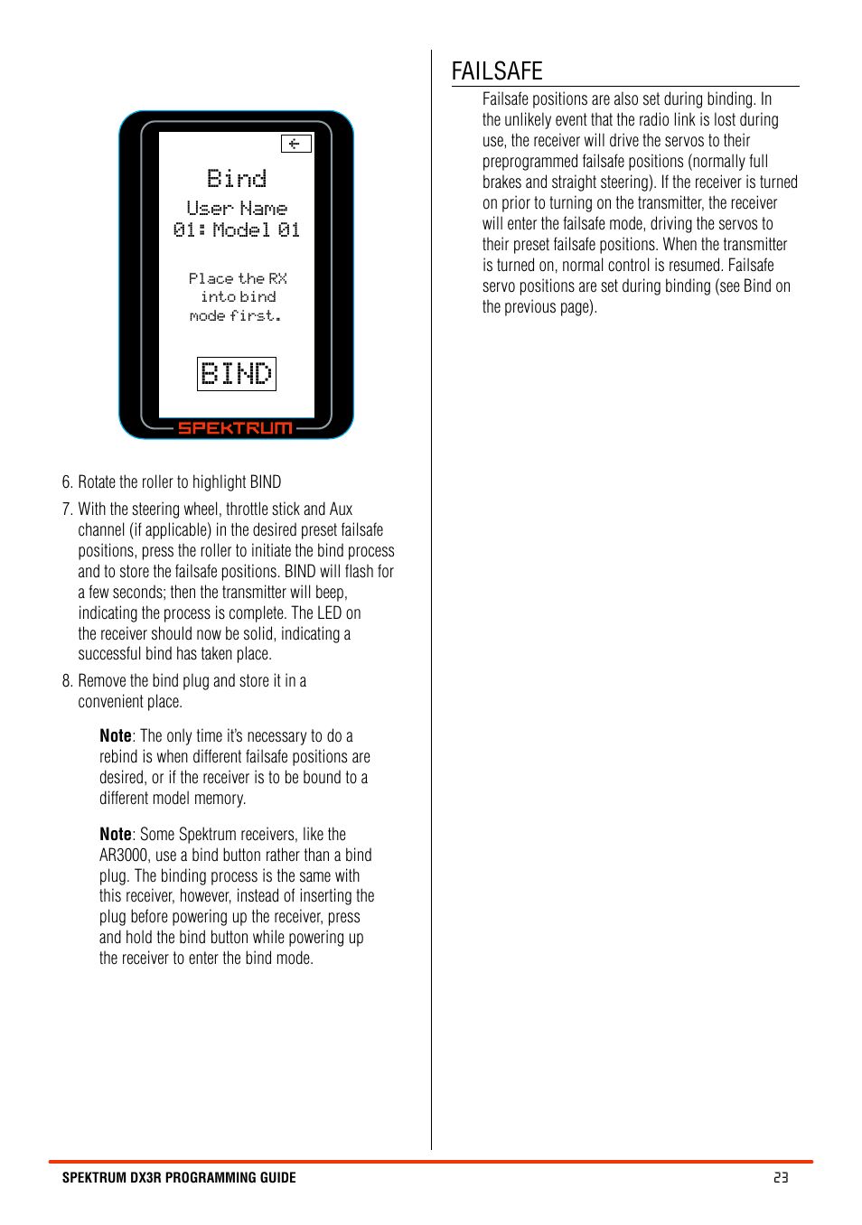 Bind, Failsafe | Spektrum SPM3100 DX3R User Manual | Page 23 / 36