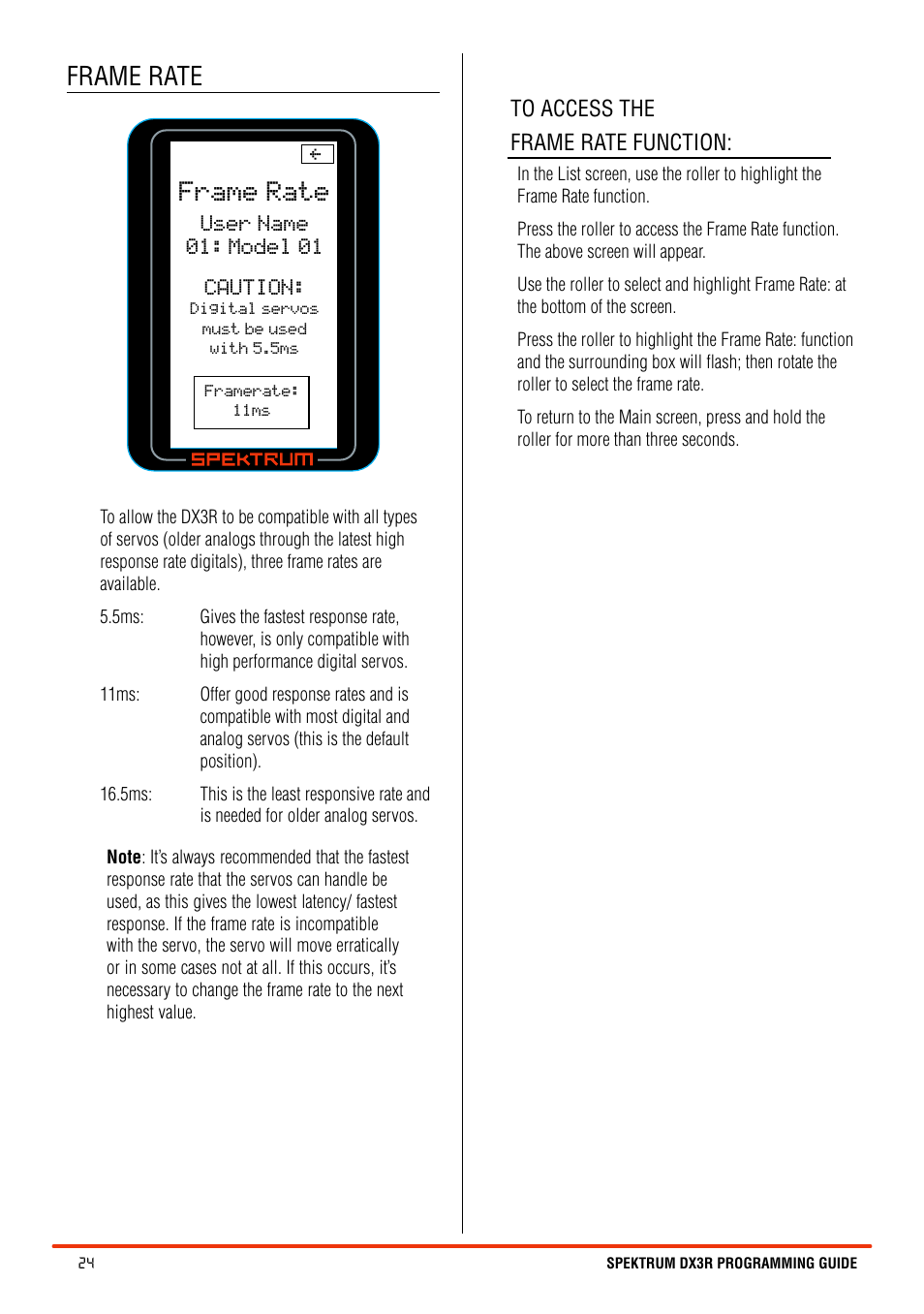 Frame rate | Spektrum SPM3100 DX3R User Manual | Page 24 / 36