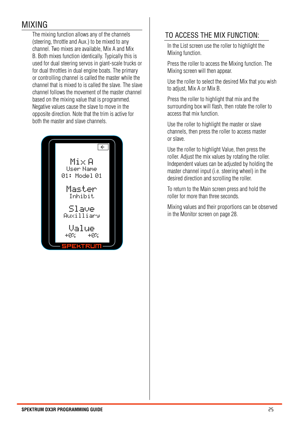 Mix a, Master, Slave | Value, Mixing | Spektrum SPM3100 DX3R User Manual | Page 25 / 36