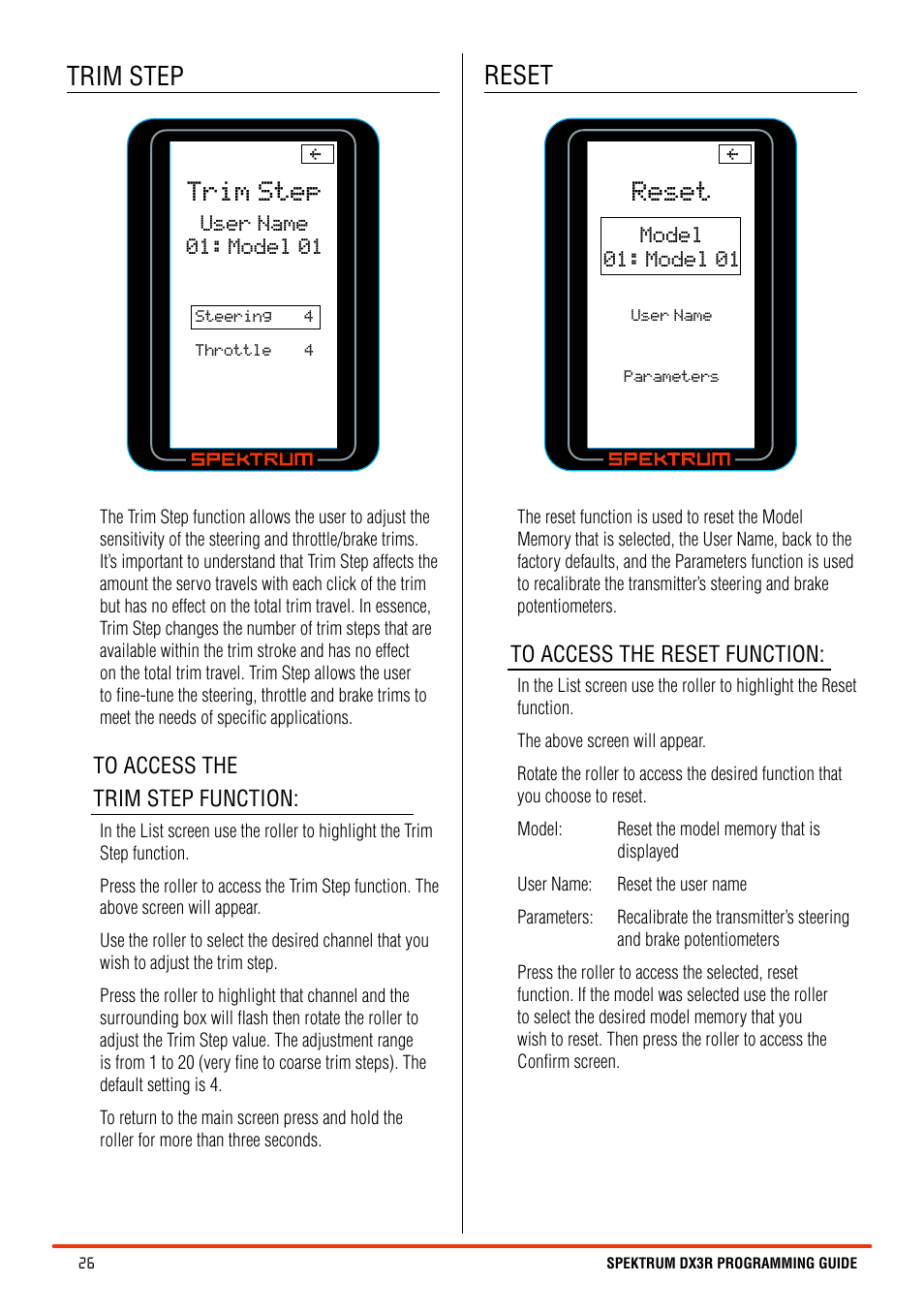 Trim step, Reset | Spektrum SPM3100 DX3R User Manual | Page 26 / 36