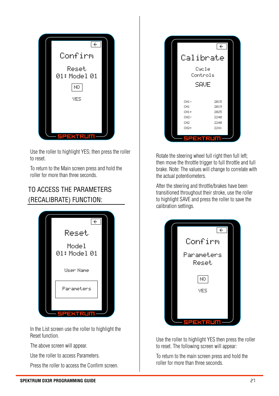 Confirm, Reset, Calibrate | Spektrum SPM3100 DX3R User Manual | Page 27 / 36
