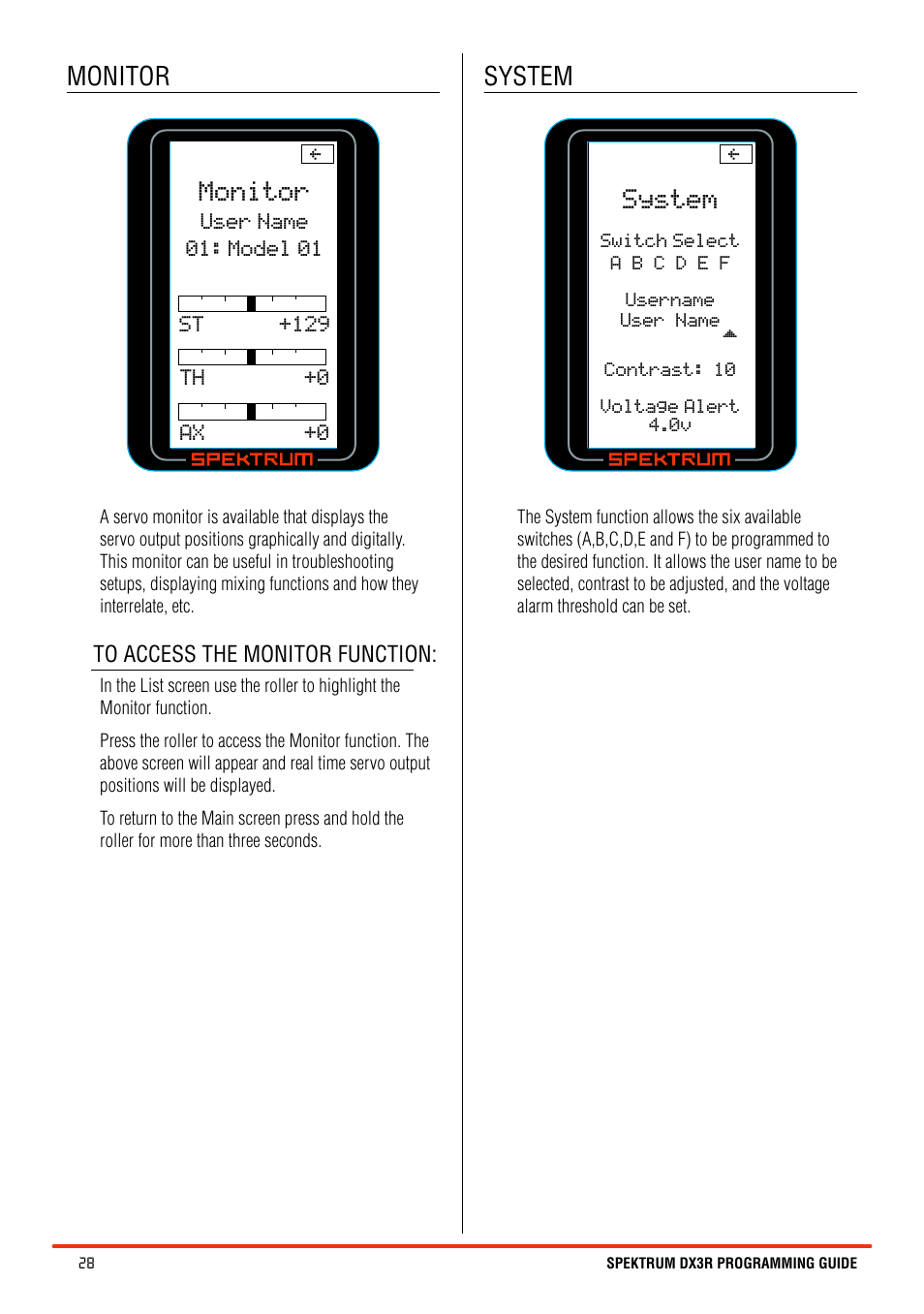 Monitor, System | Spektrum SPM3100 DX3R User Manual | Page 28 / 36