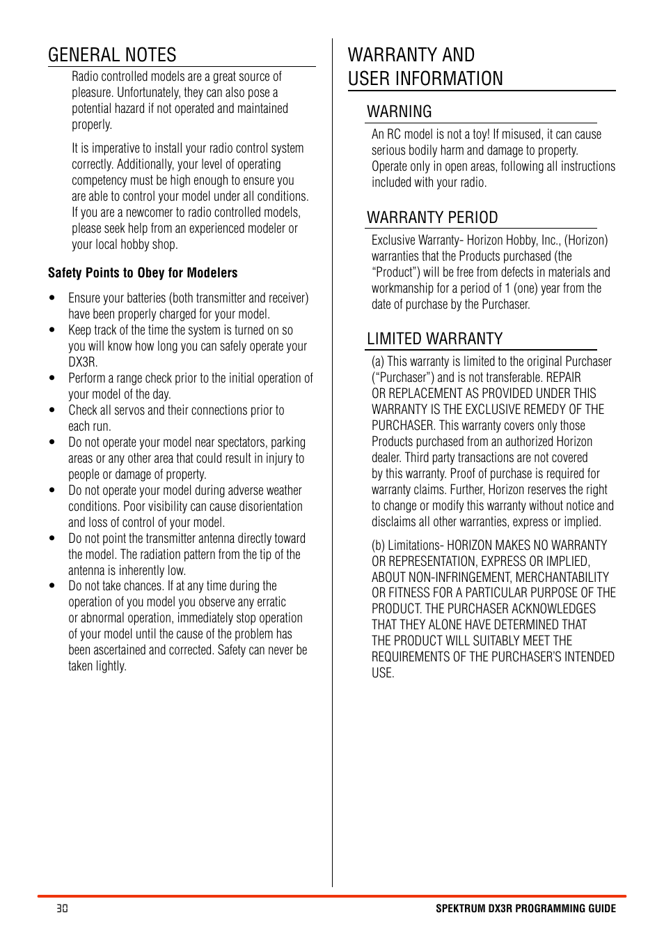 Warranty and user information | Spektrum SPM3100 DX3R User Manual | Page 30 / 36