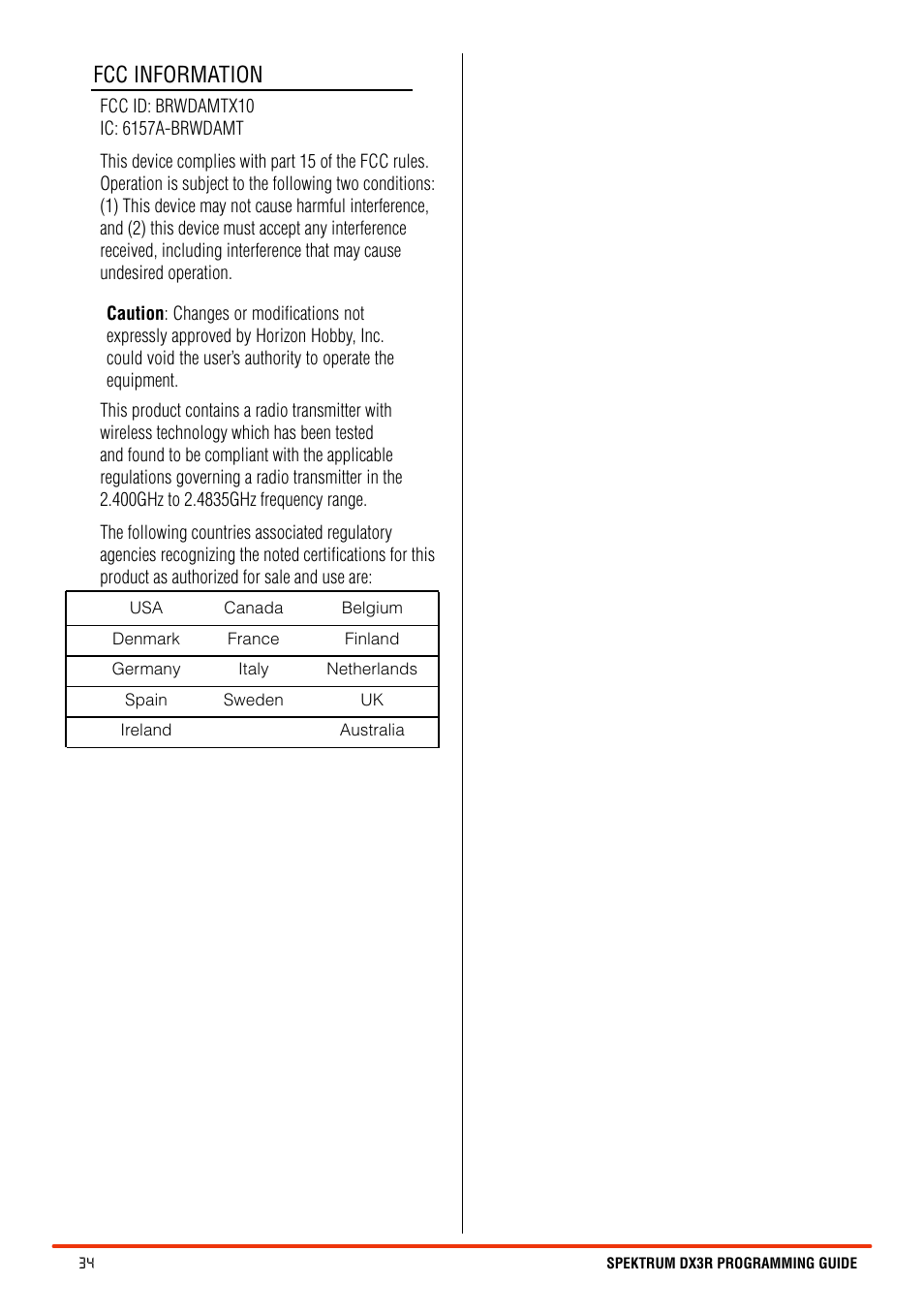 Fcc information | Spektrum SPM3100 DX3R User Manual | Page 34 / 36