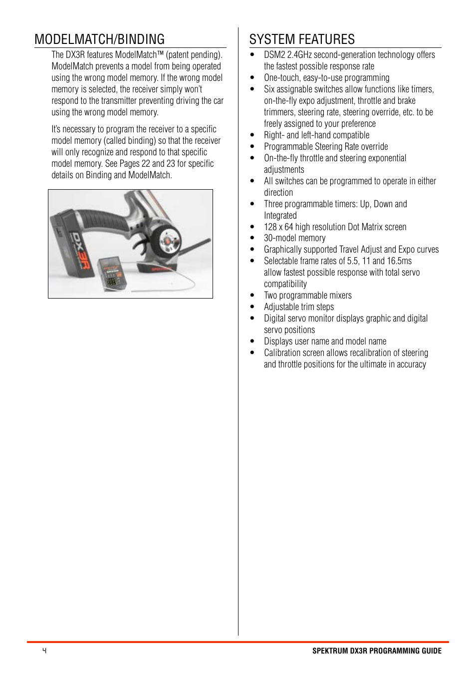 Modelmatch/binding, System features | Spektrum SPM3100 DX3R User Manual | Page 4 / 36