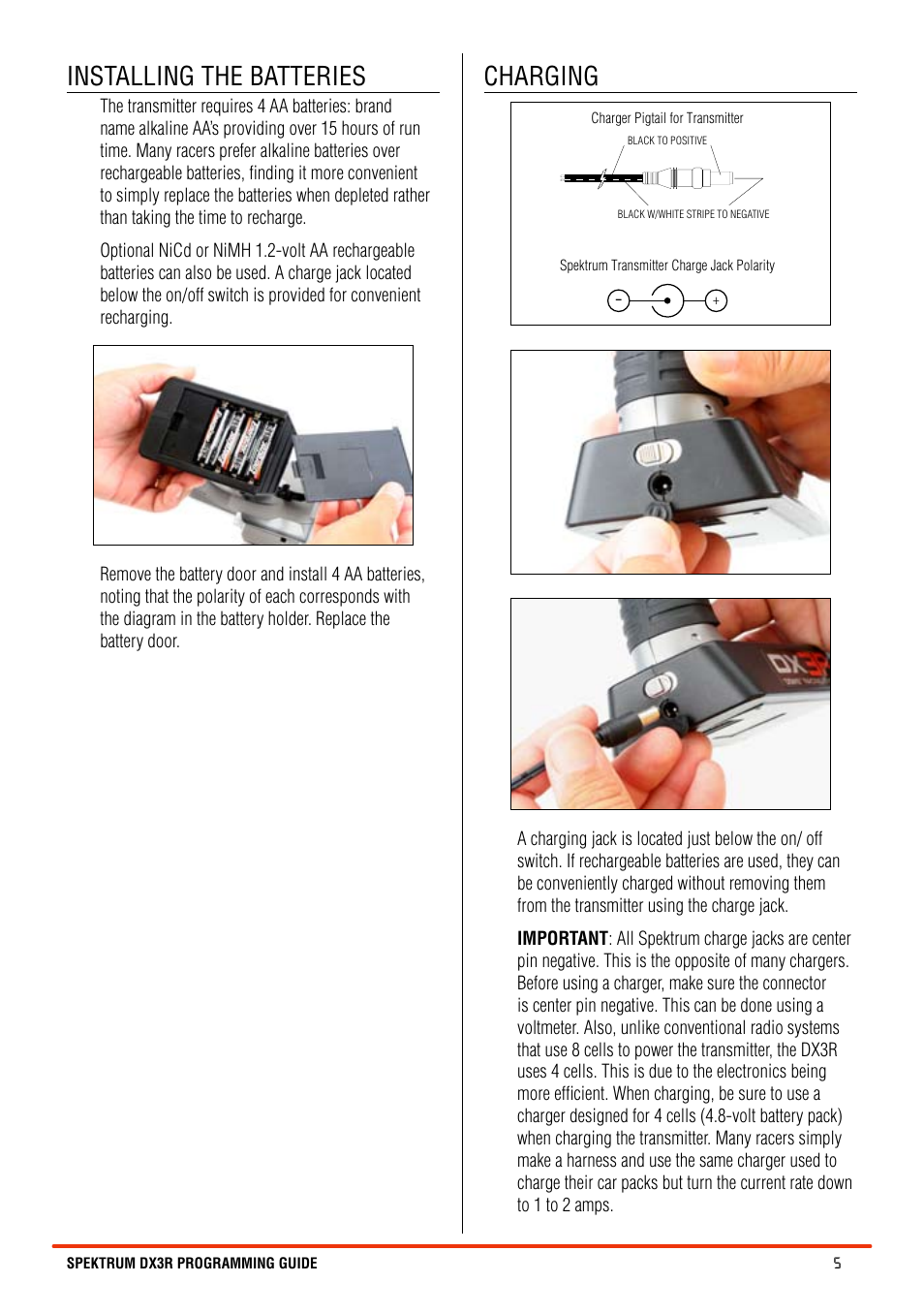 Installing the batteries, Charging | Spektrum SPM3100 DX3R User Manual | Page 5 / 36