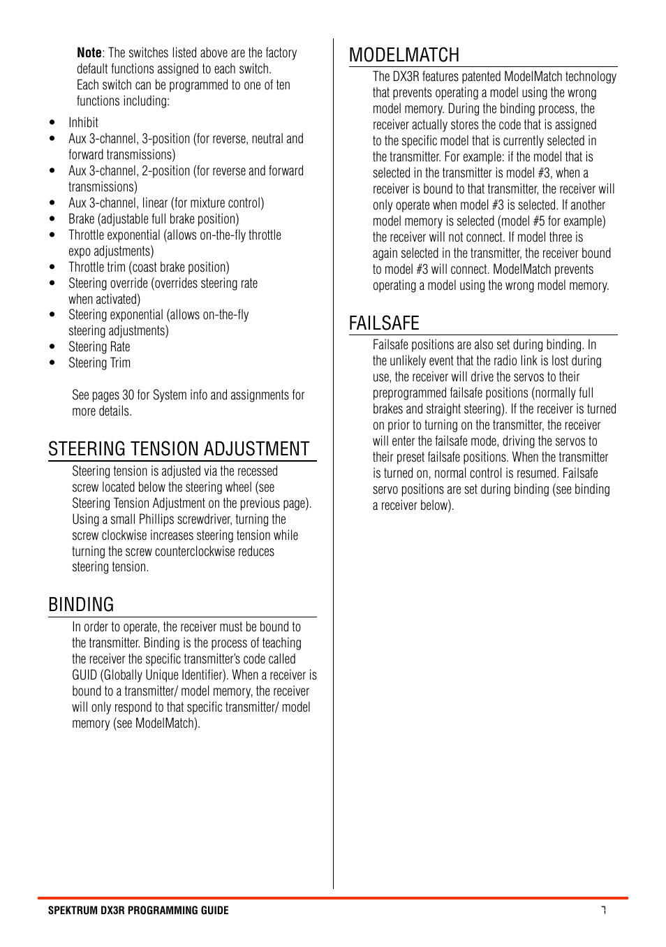 Steering tension adjustment, Binding, Modelmatch | Failsafe | Spektrum SPM3100 DX3R User Manual | Page 7 / 36