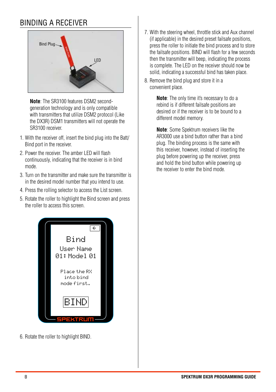 Bind, Binding a receiver | Spektrum SPM3100 DX3R User Manual | Page 8 / 36