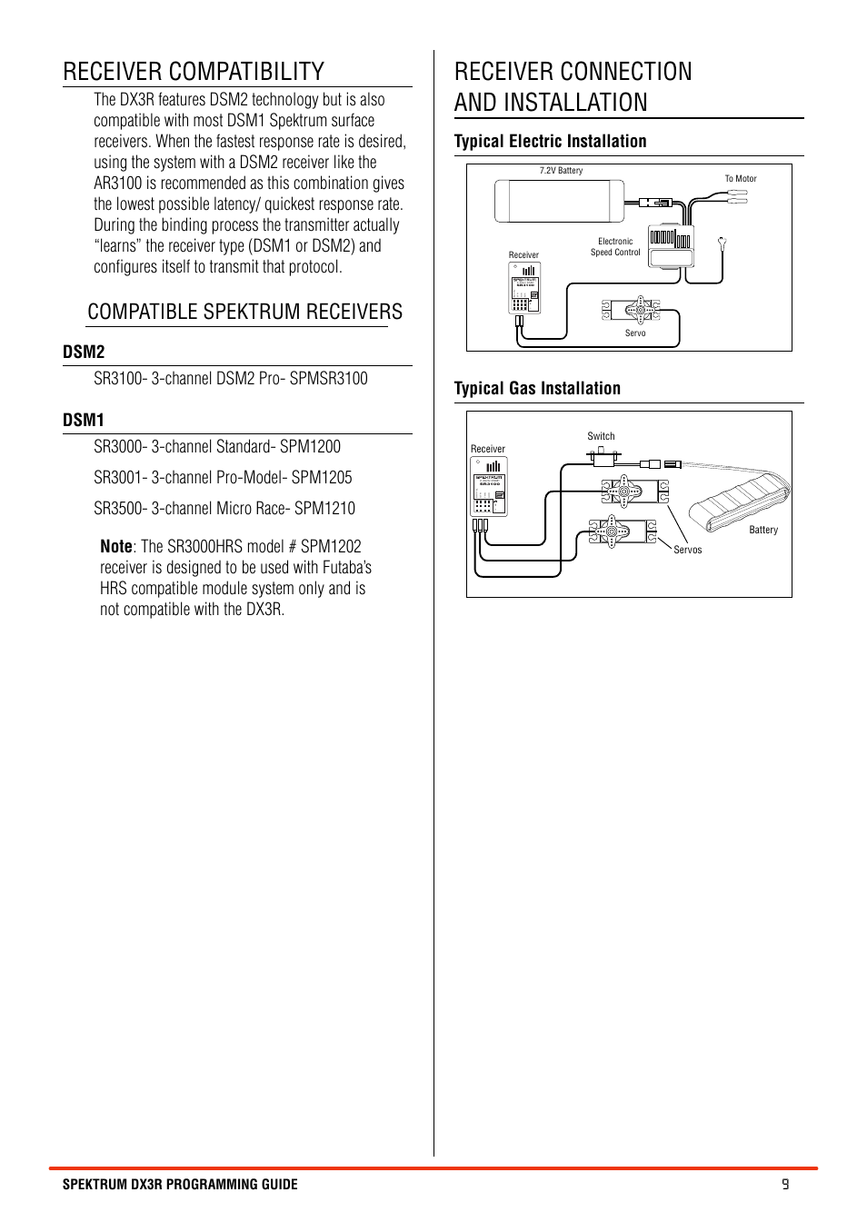 Receiver compatibility, Receiver connection and installation, Compatible spektrum receivers | Typical electric installation, Typical gas installation | Spektrum SPM3100 DX3R User Manual | Page 9 / 36