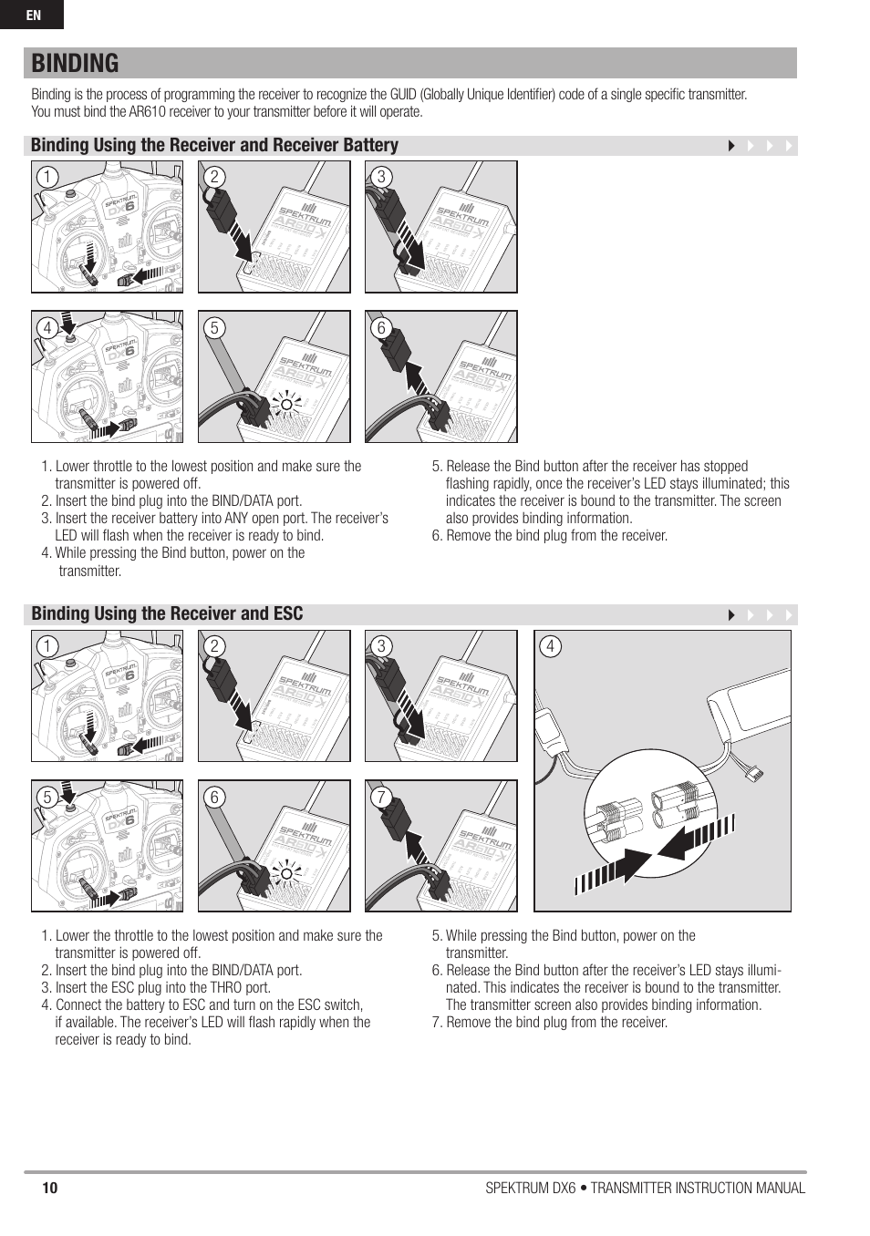 Binding, 10 spektrum dx6 • transmitter instruction manual | Spektrum DX6 User Manual | Page 10 / 48