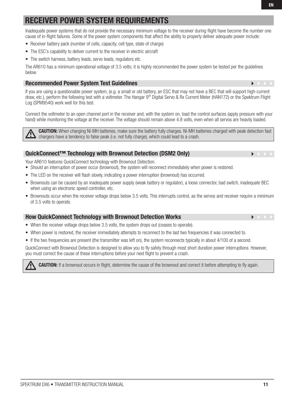 Receiver power system requirements | Spektrum DX6 User Manual | Page 11 / 48