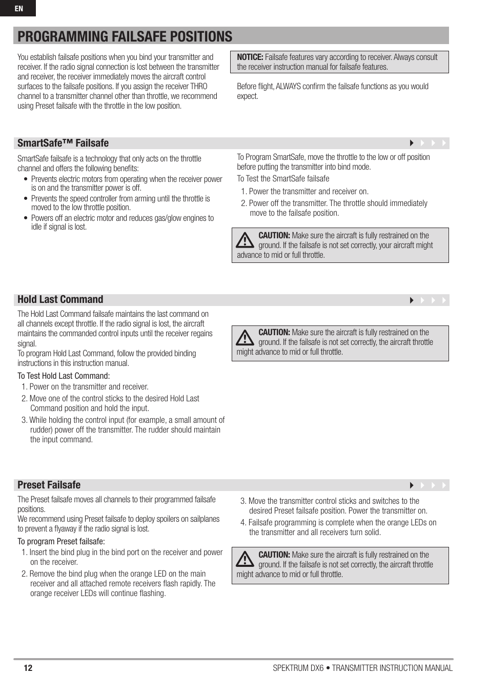 Programming failsafe positions | Spektrum DX6 User Manual | Page 12 / 48
