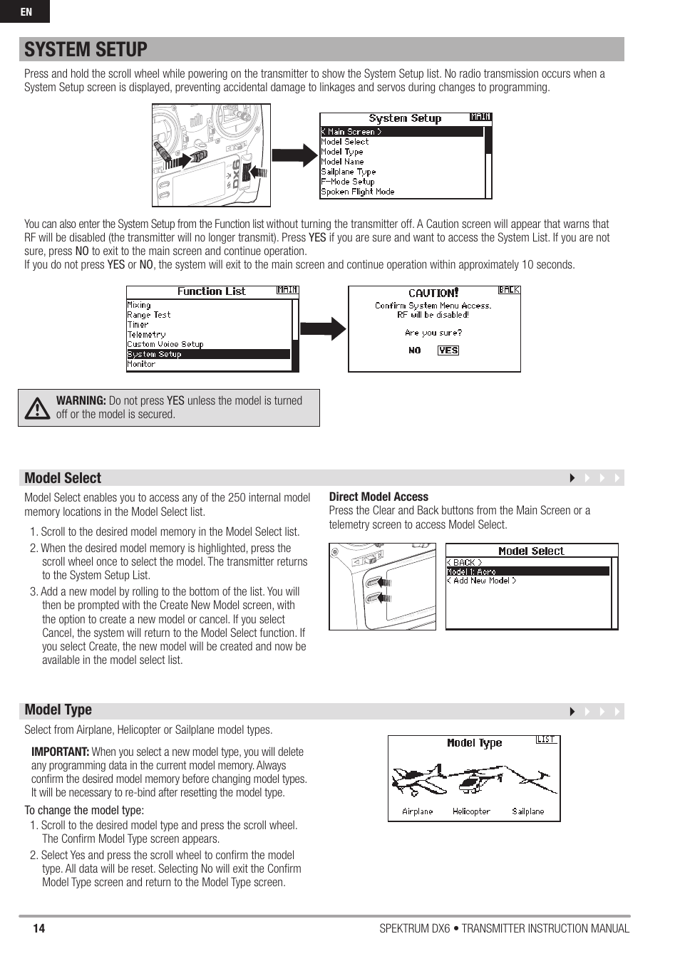 System setup, Model select, Model type | 14 spektrum dx6 • transmitter instruction manual | Spektrum DX6 User Manual | Page 14 / 48
