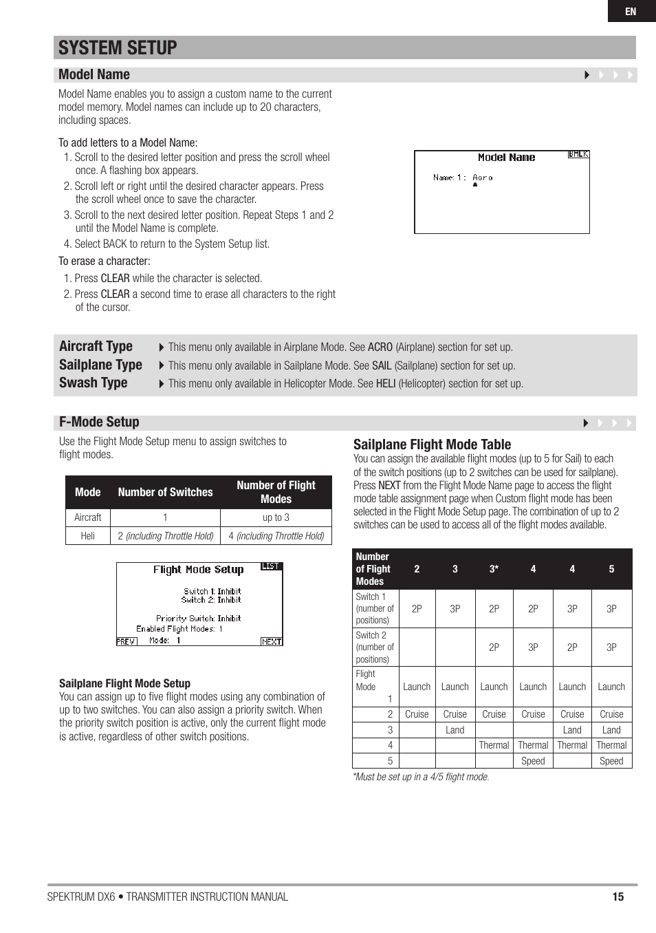 System setup, F-mode setup, Sailplane flight mode table | Model name, Aircraft type, Sailplane type, Swash type | Spektrum DX6 User Manual | Page 15 / 48