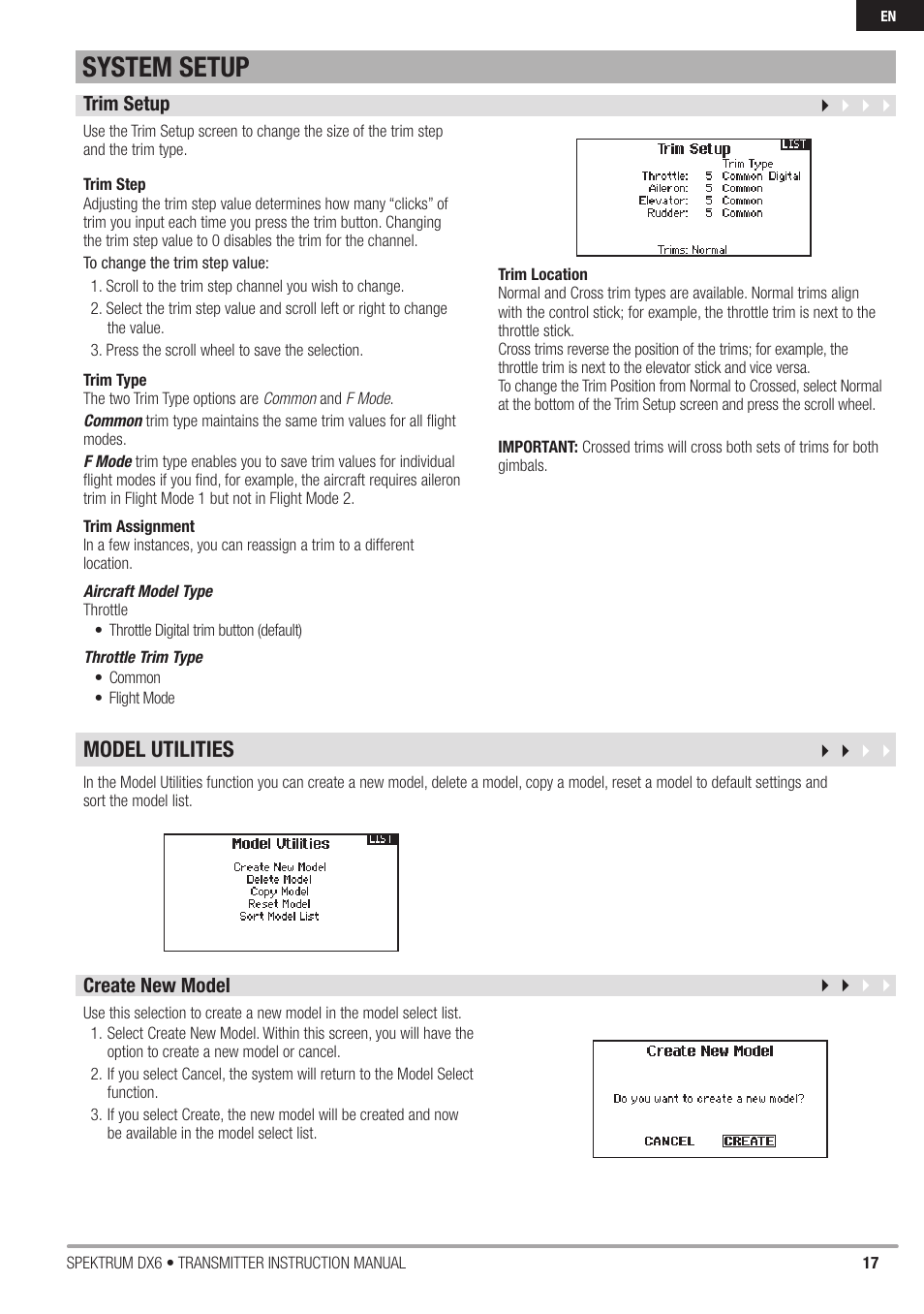 System setup, Model utilities | Spektrum DX6 User Manual | Page 17 / 48