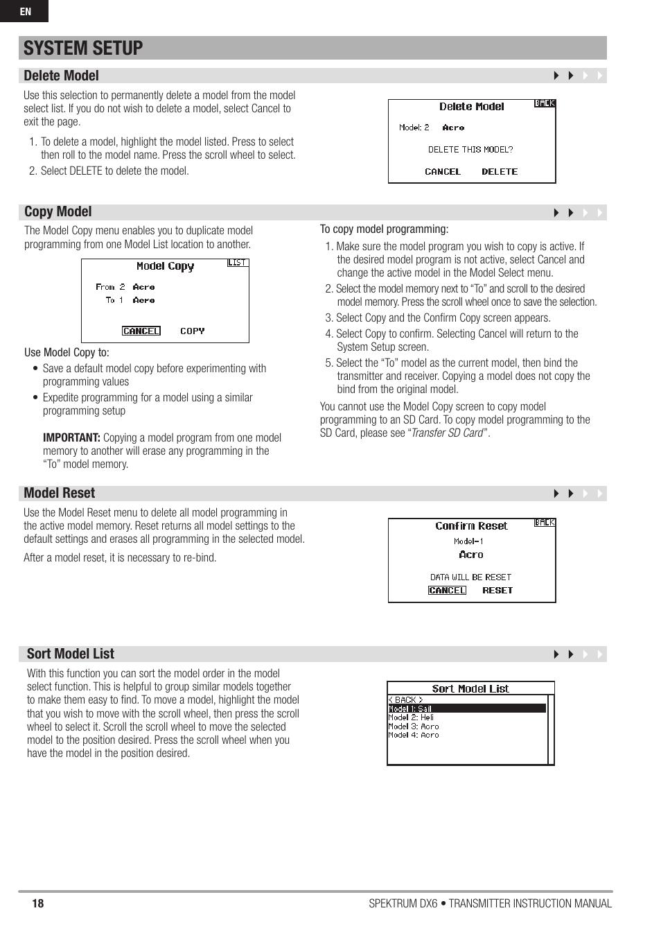 System setup | Spektrum DX6 User Manual | Page 18 / 48