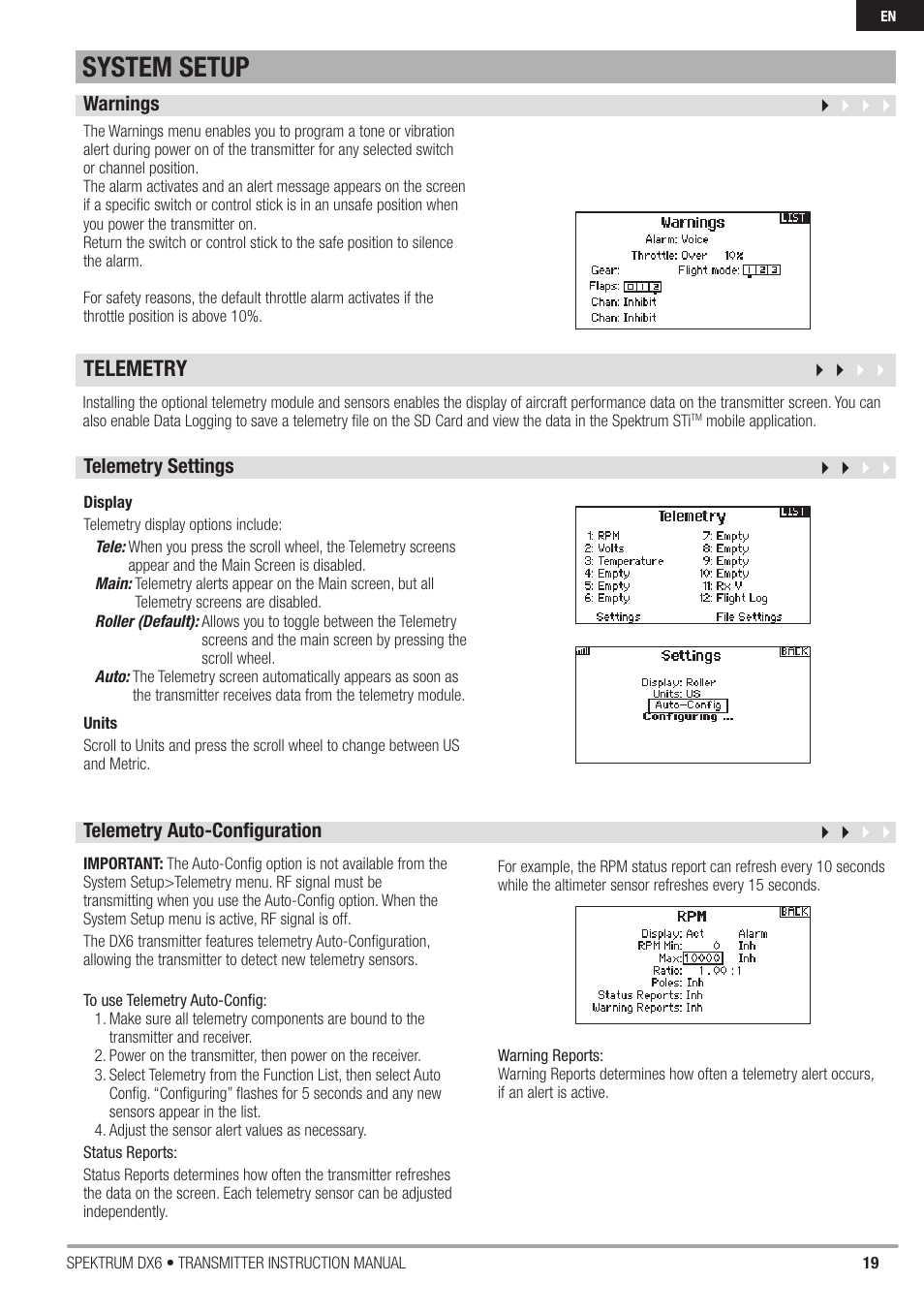 System setup, Telemetry | Spektrum DX6 User Manual | Page 19 / 48
