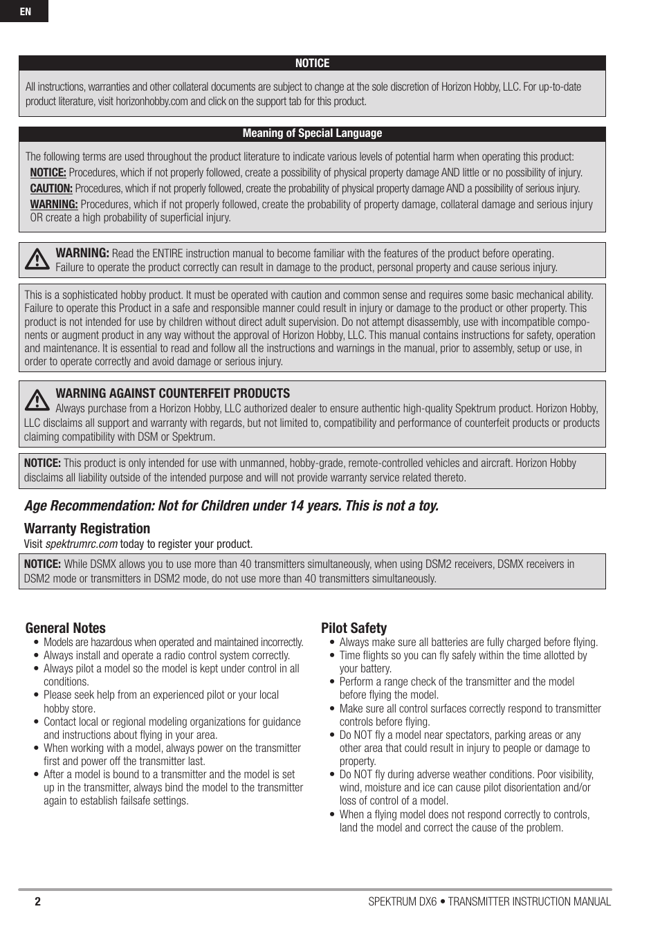 Pilot safety | Spektrum DX6 User Manual | Page 2 / 48