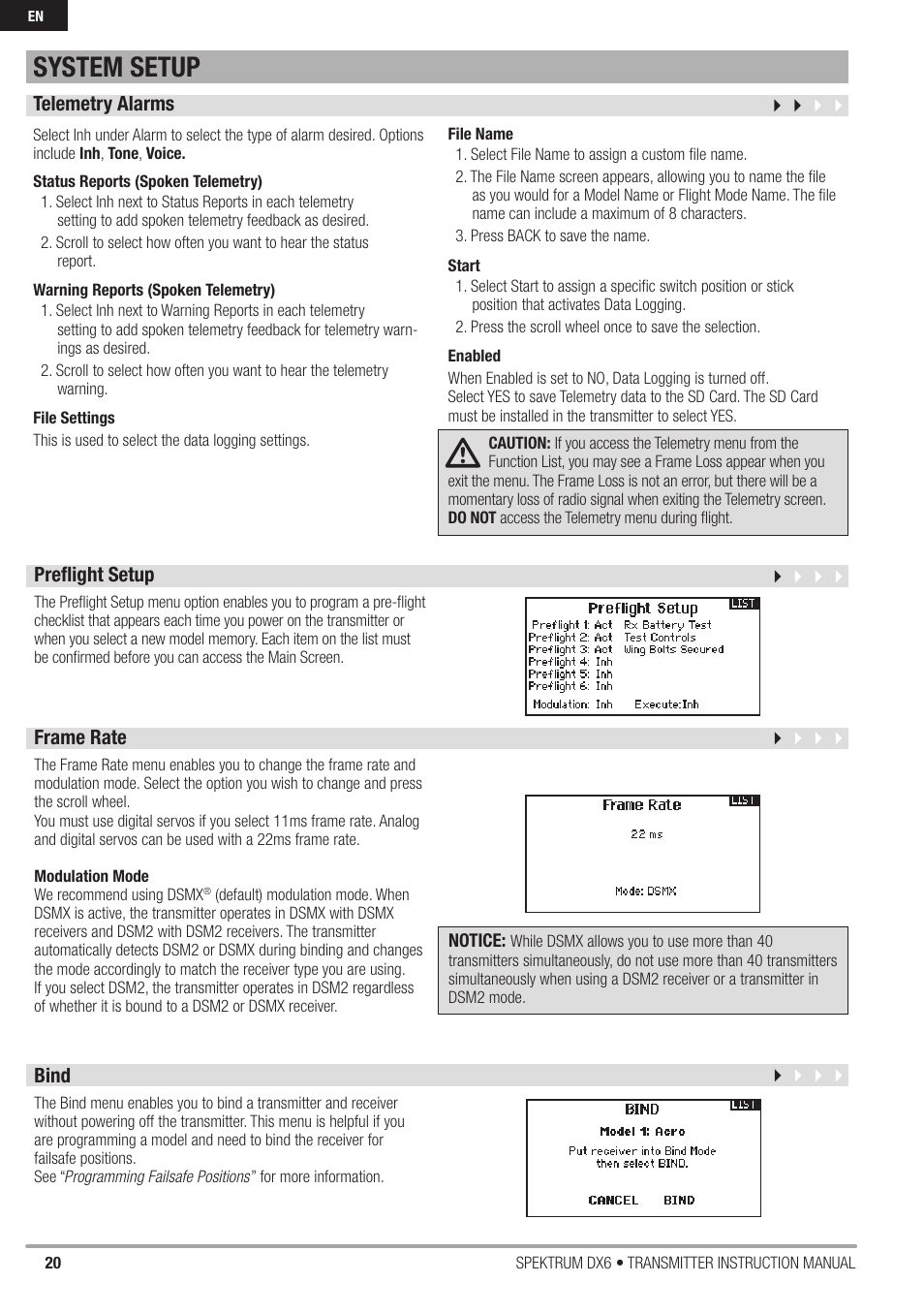 System setup | Spektrum DX6 User Manual | Page 20 / 48