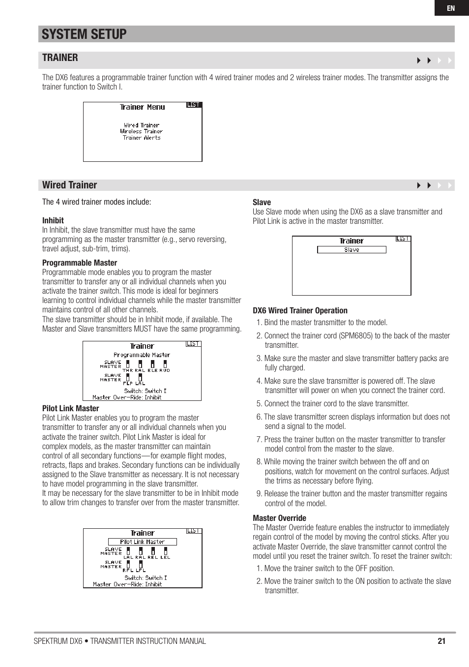 System setup, Trainer wired trainer | Spektrum DX6 User Manual | Page 21 / 48
