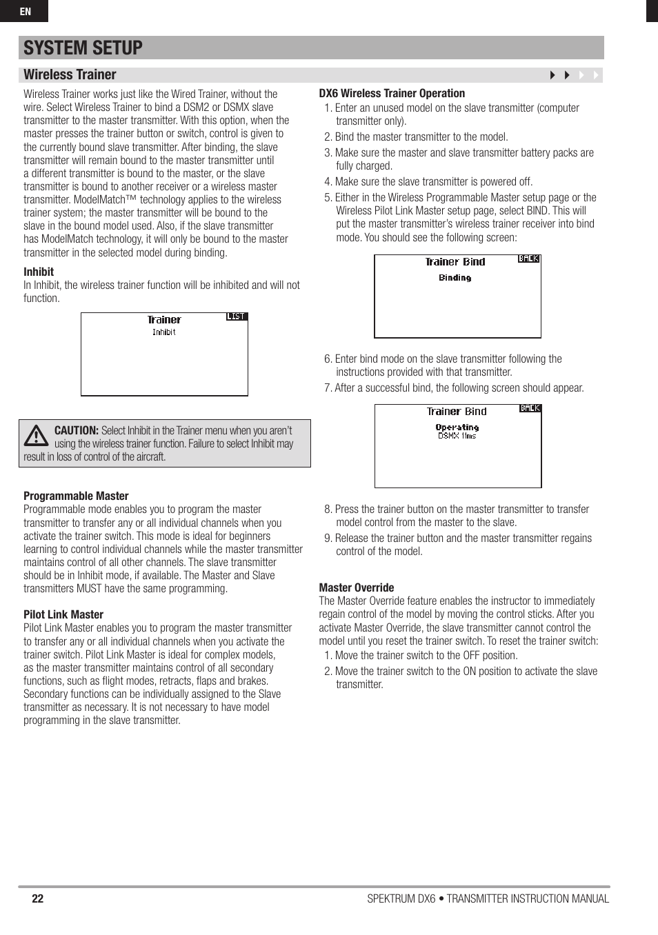 System setup, Wireless trainer | Spektrum DX6 User Manual | Page 22 / 48