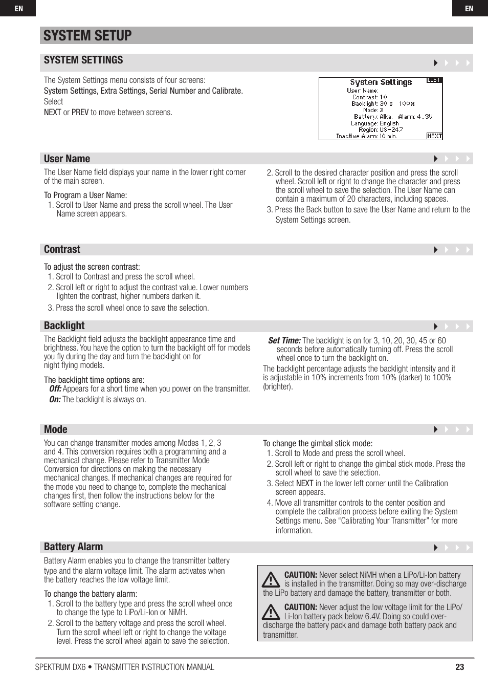 System setup | Spektrum DX6 User Manual | Page 23 / 48