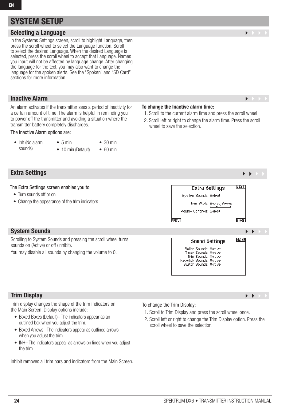 System setup | Spektrum DX6 User Manual | Page 24 / 48