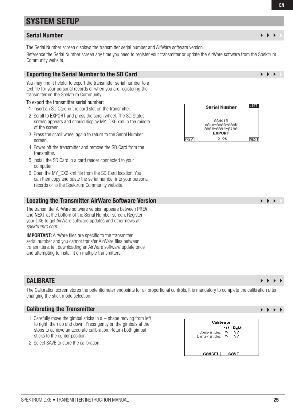 System setup | Spektrum DX6 User Manual | Page 25 / 48