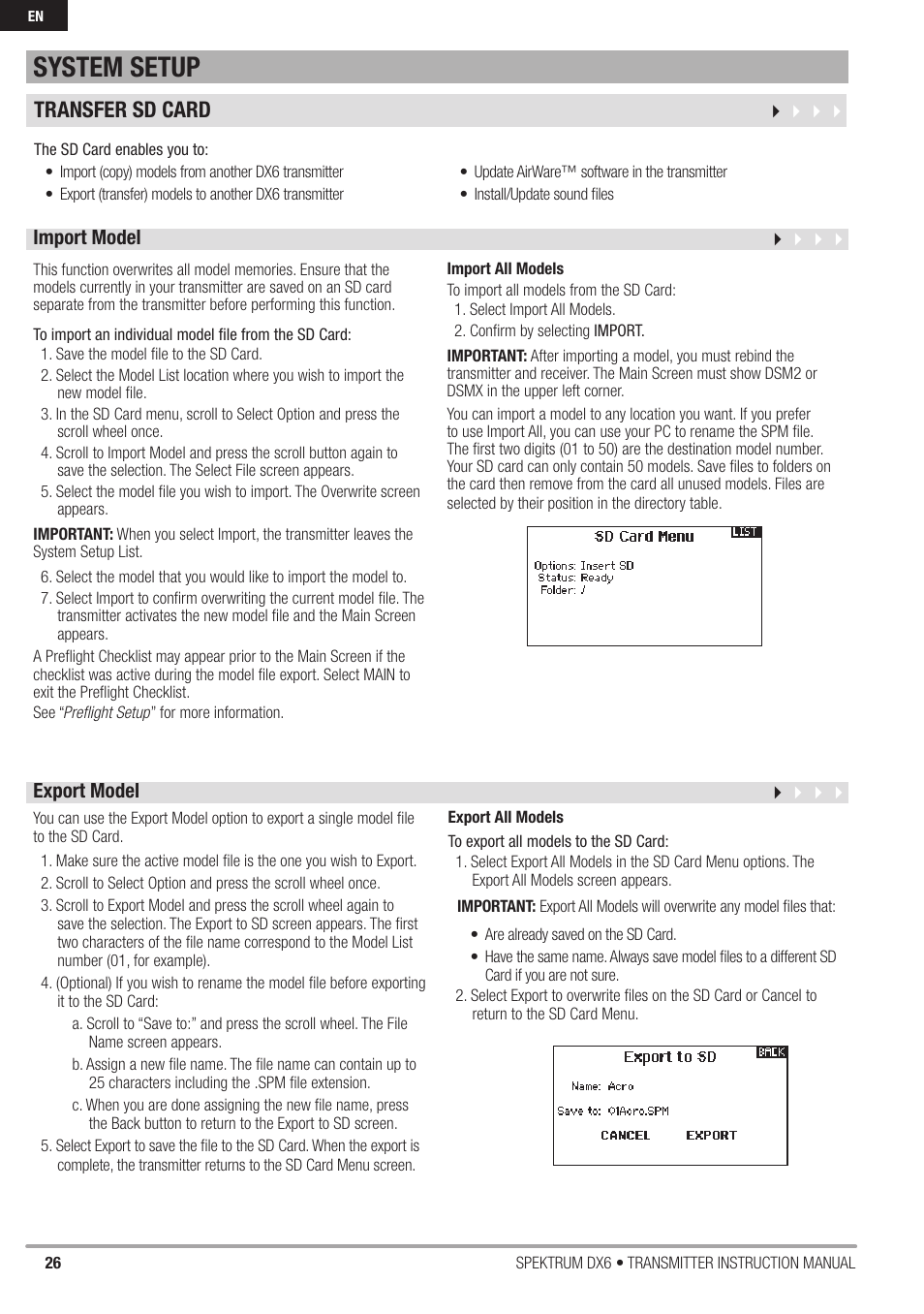 System setup, Transfer sd card | Spektrum DX6 User Manual | Page 26 / 48
