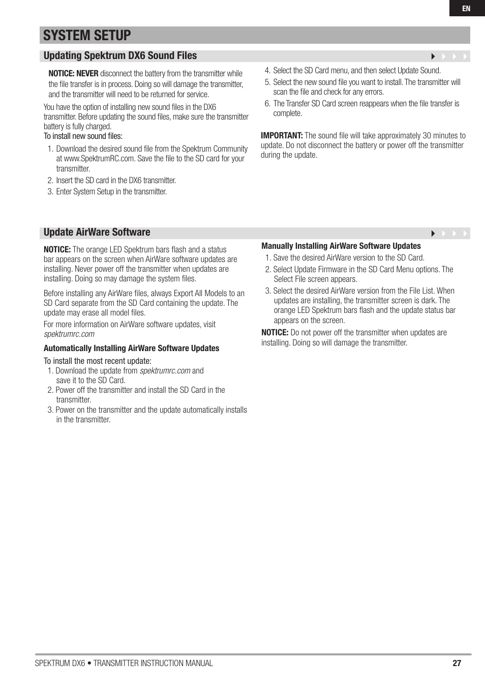 System setup | Spektrum DX6 User Manual | Page 27 / 48