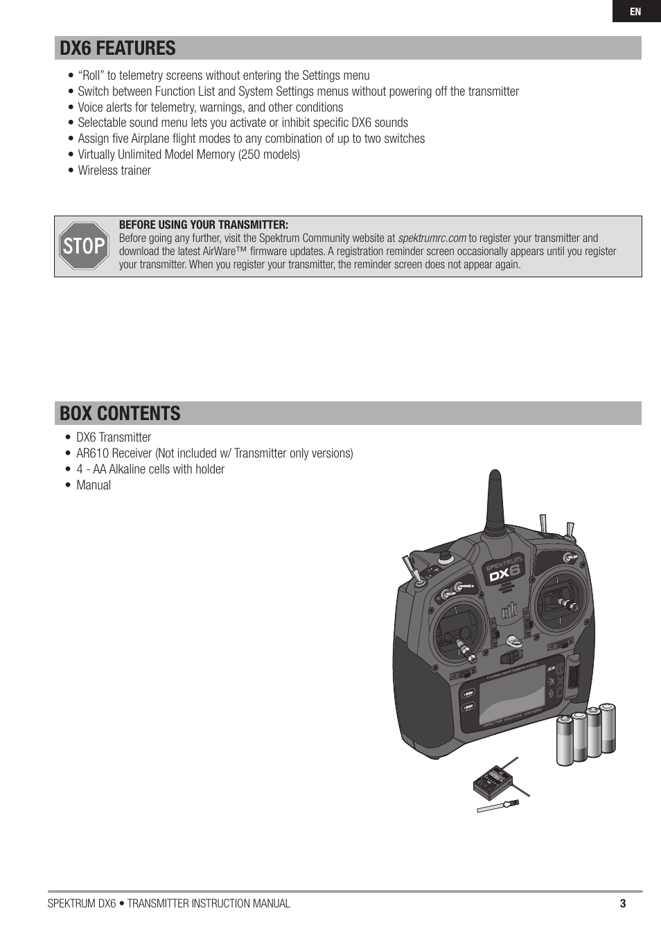 Box contents dx6 features, 3spektrum dx6 • transmitter instruction manual | Spektrum DX6 User Manual | Page 3 / 48
