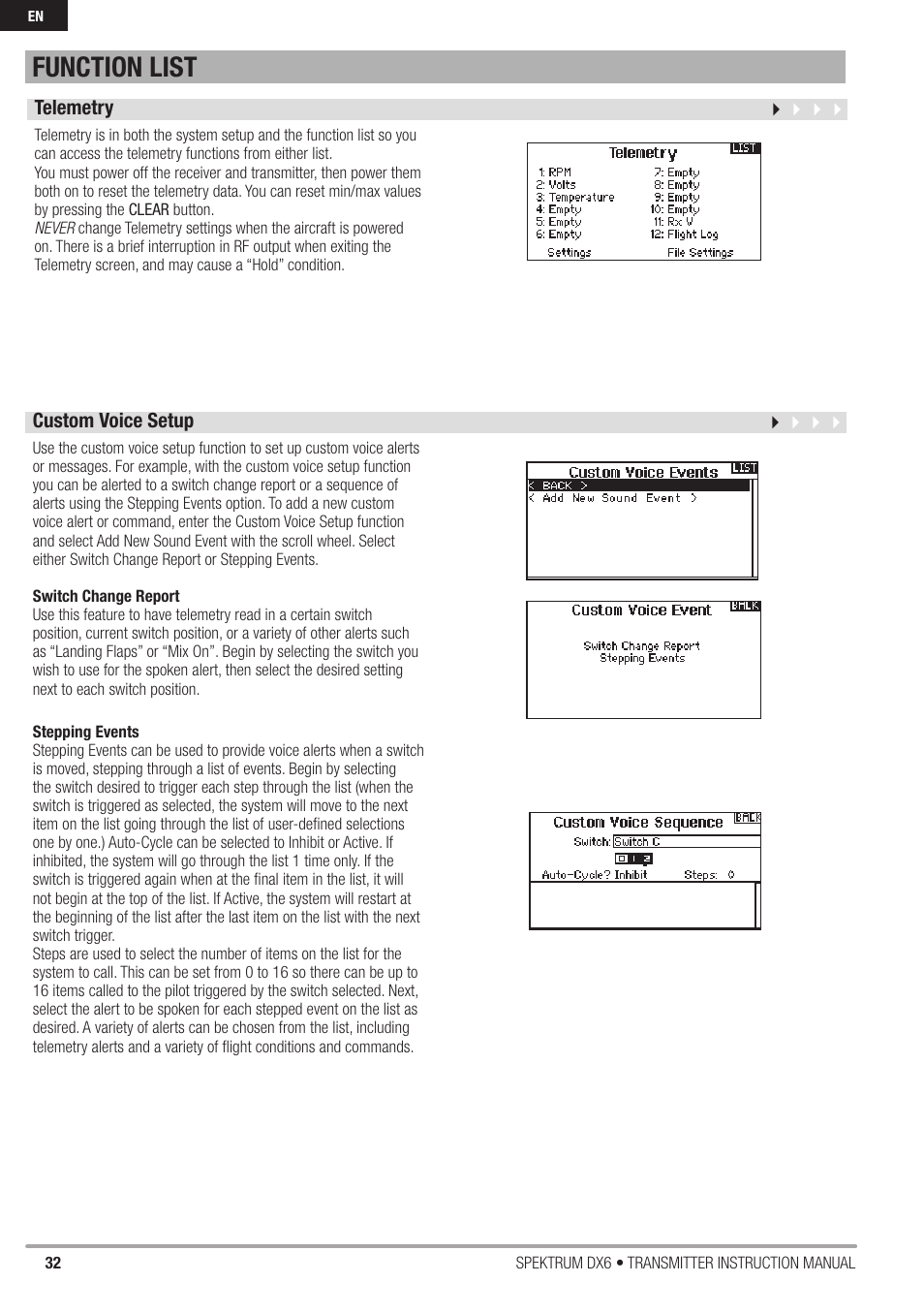 Function list | Spektrum DX6 User Manual | Page 32 / 48