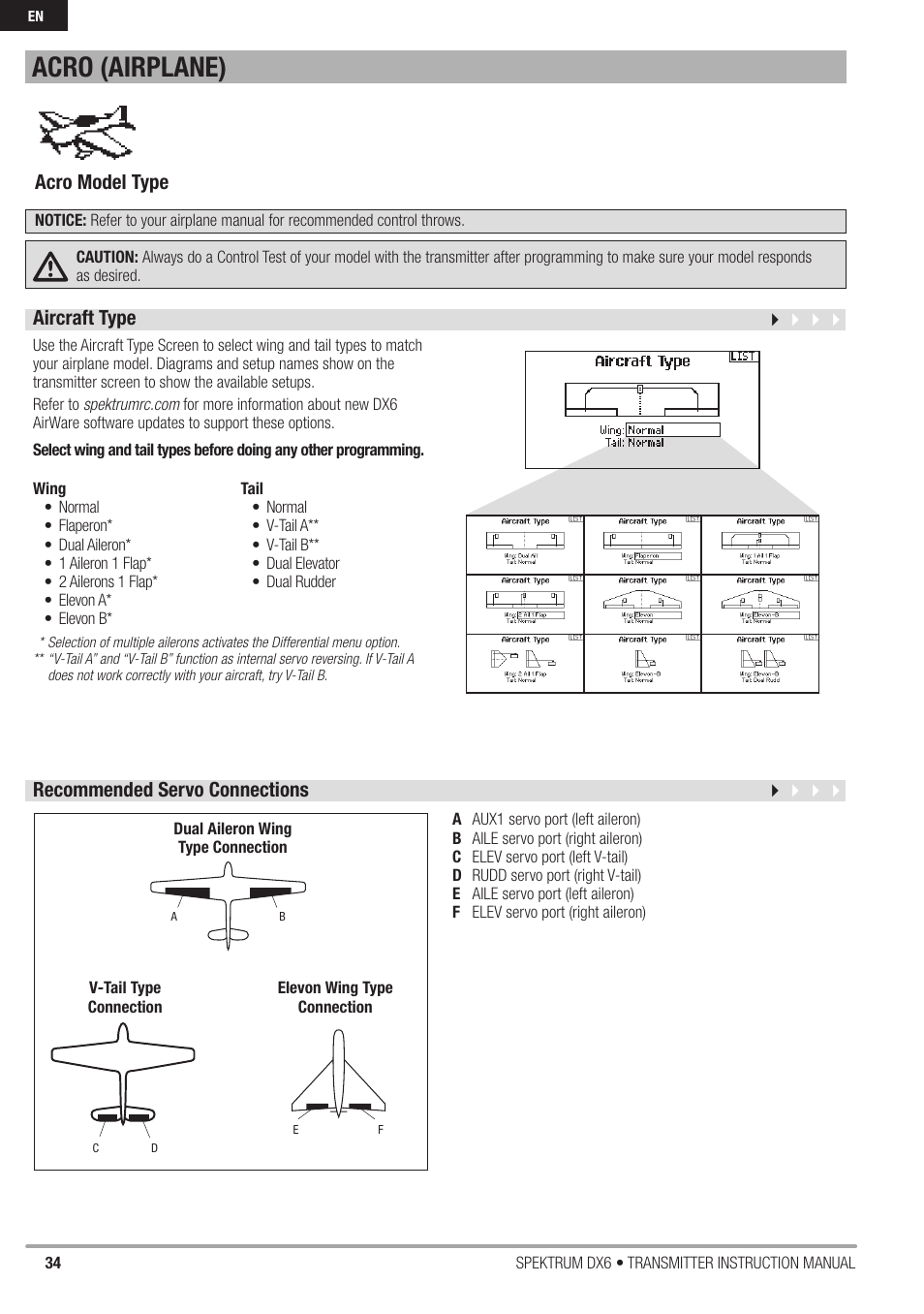Acro (airplane), Aircraft type, Recommended servo connections | Acro model type | Spektrum DX6 User Manual | Page 34 / 48