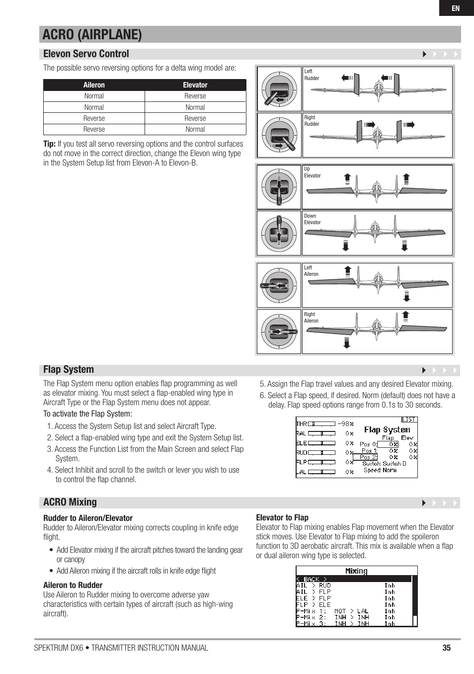 Acro (airplane), Elevon servo control, Flap system | Acro mixing | Spektrum DX6 User Manual | Page 35 / 48