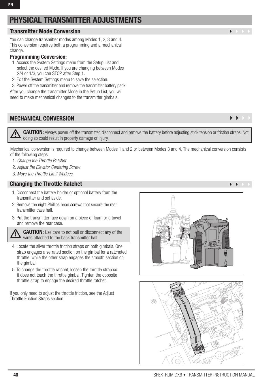 Physical transmitter adjustments | Spektrum DX6 User Manual | Page 40 / 48