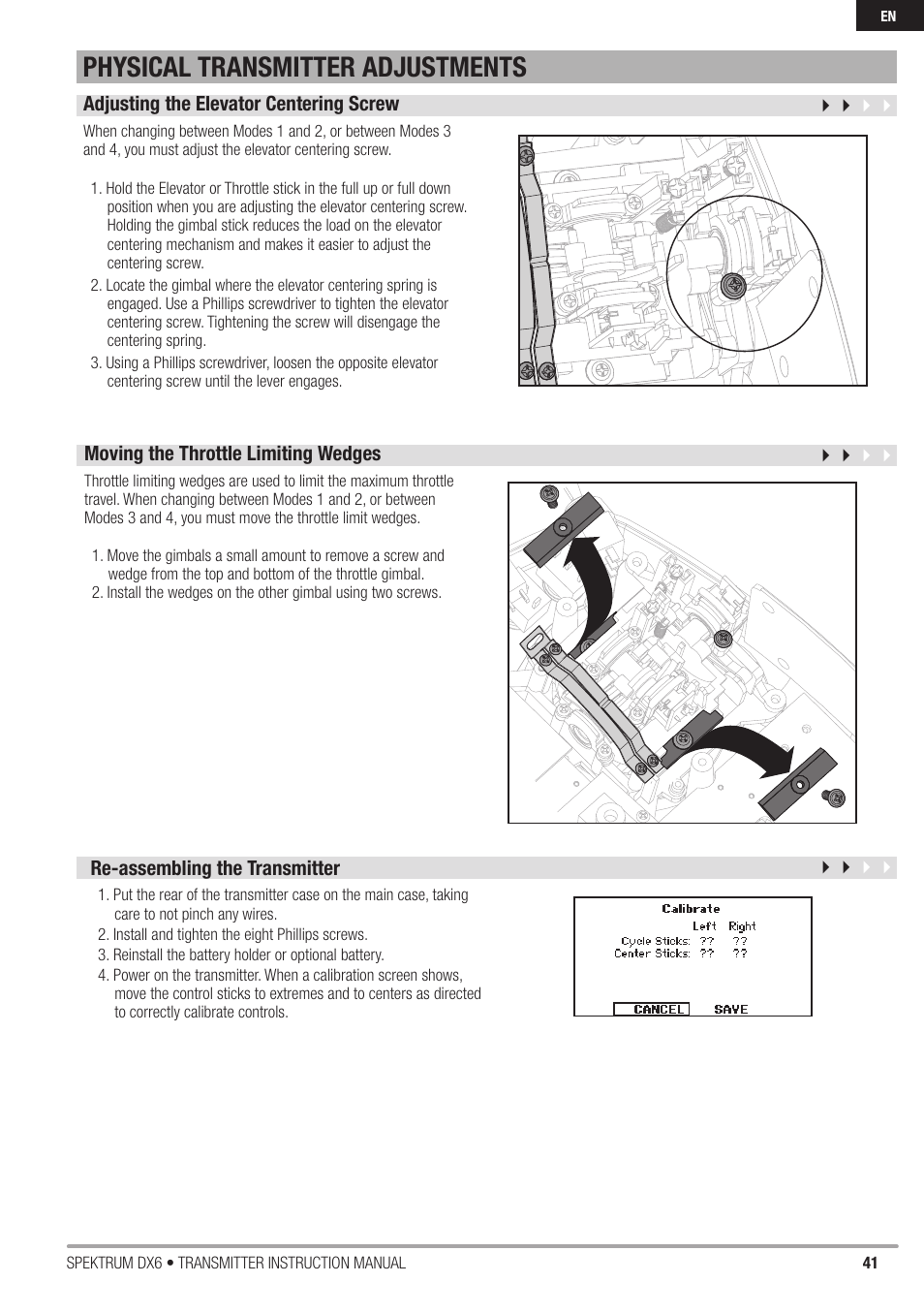Physical transmitter adjustments | Spektrum DX6 User Manual | Page 41 / 48