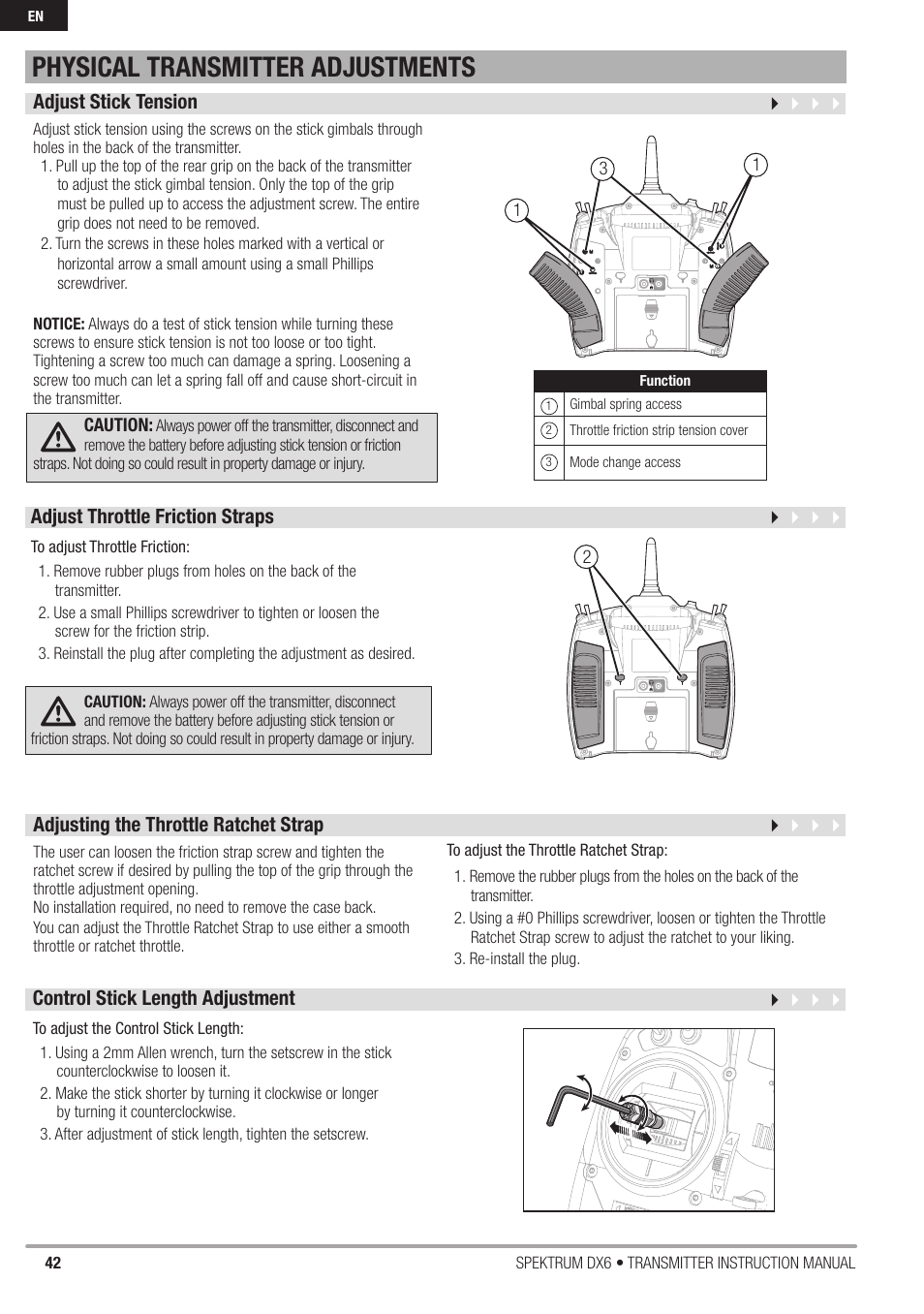 Physical transmitter adjustments | Spektrum DX6 User Manual | Page 42 / 48