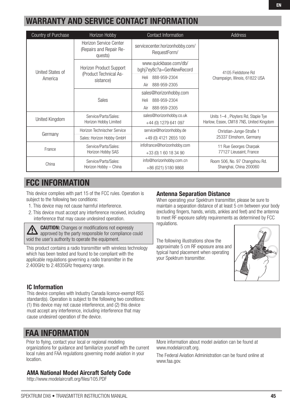 Antenna separation distance, Ic information, Ama national model aircraft safety code | Spektrum DX6 User Manual | Page 45 / 48